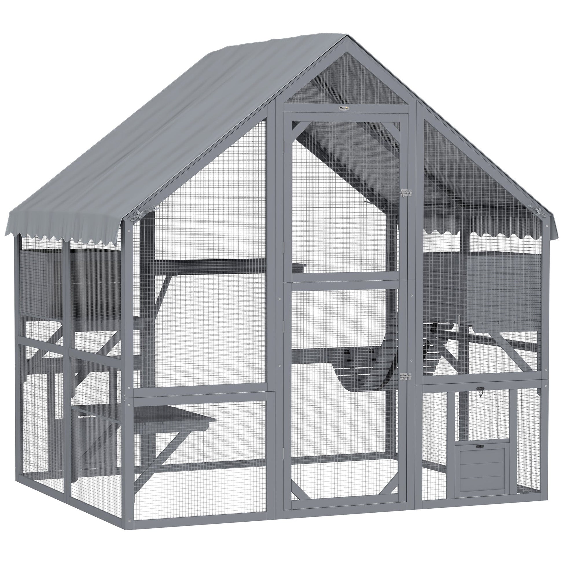 Catio Outdoor Cat Enclosure, Large Kitten House with Waterproof Cover, 2 Resting Boxes, 4 Platforms, Bridge, Wooden Cat Cage Outdoor for 2-4 Kittens, 73" x 55" x 74", Grey