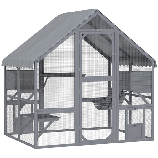 Catio Outdoor Cat Enclosure, Large Kitten House with Waterproof Cover, 2 Resting Boxes, 4 Platforms, Bridge, Wooden Cat Cage Outdoor for 2-4 Kittens, 73" x 55" x 74", Grey