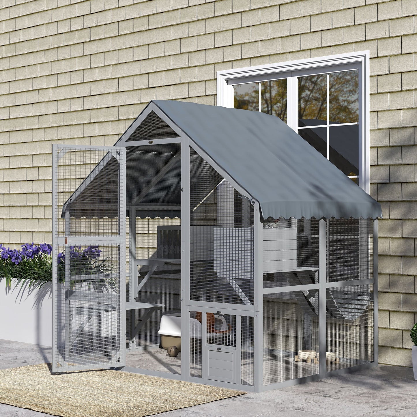 Catio Outdoor Cat Enclosure, Large Kitten House with Waterproof Cover, 2 Resting Boxes, 4 Platforms, Bridge, Wooden Cat Cage Outdoor for 2-4 Kittens, 73" x 55" x 74", Grey