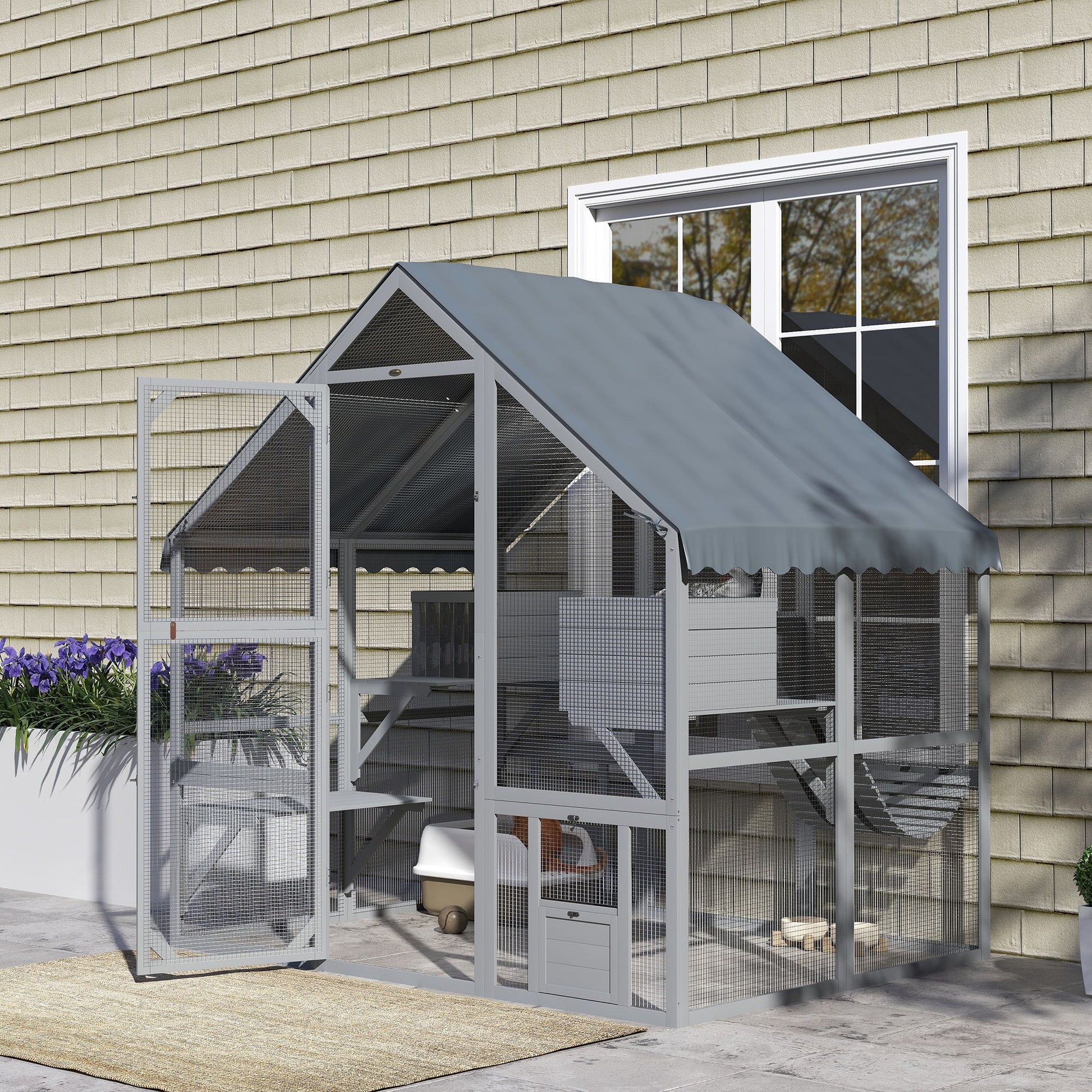 Catio Outdoor Cat Enclosure, Large Kitten House with Waterproof Cover, 2 Resting Boxes, 4 Platforms, Bridge, Wooden Cat Cage Outdoor for 2-4 Kittens, 73" x 55" x 74", Grey