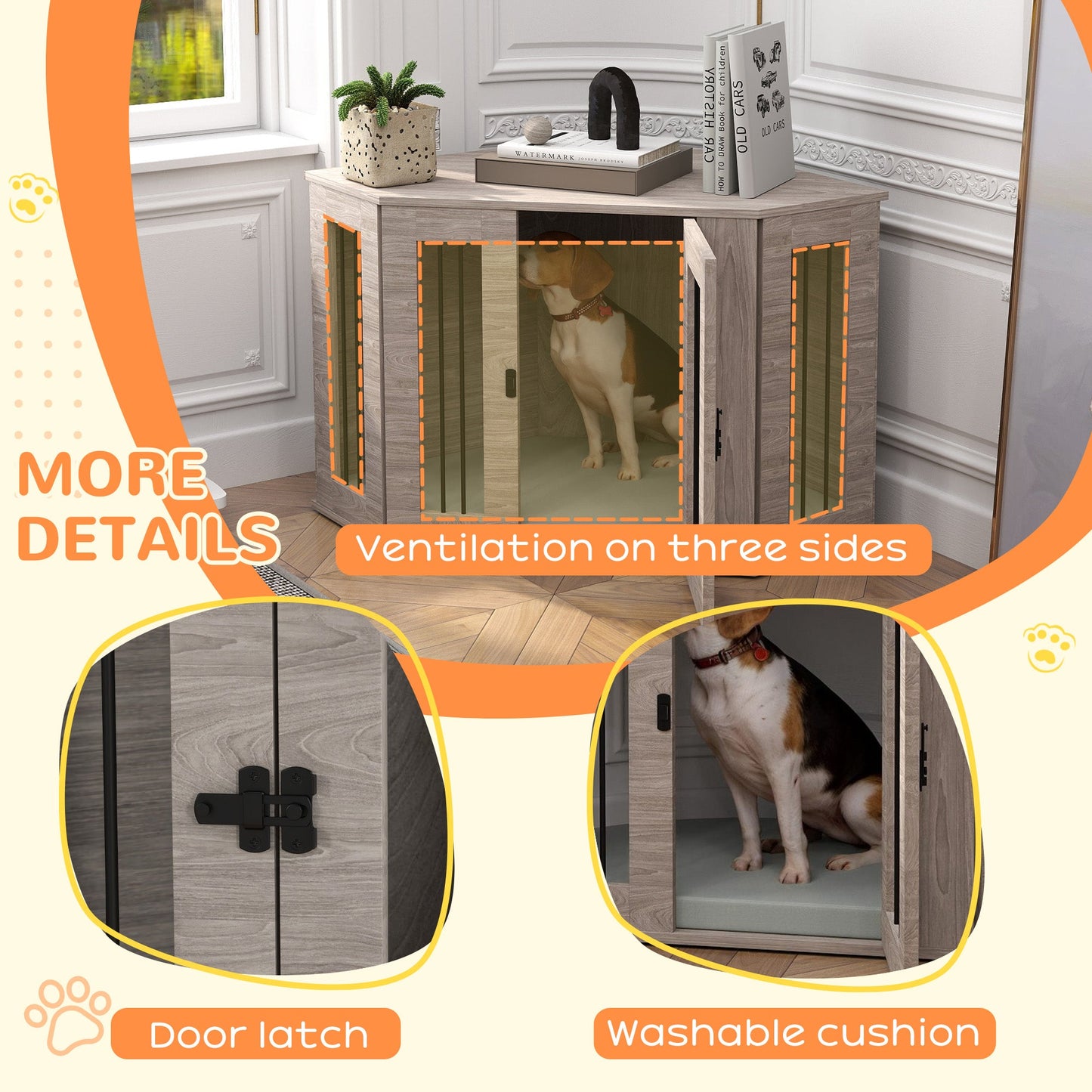 41" Dog Crate Furniture, Corner Dog Crate End Table for Medium and Small Dogs, Indoor Dog Cage with Cushion, Door, Lock, Grey