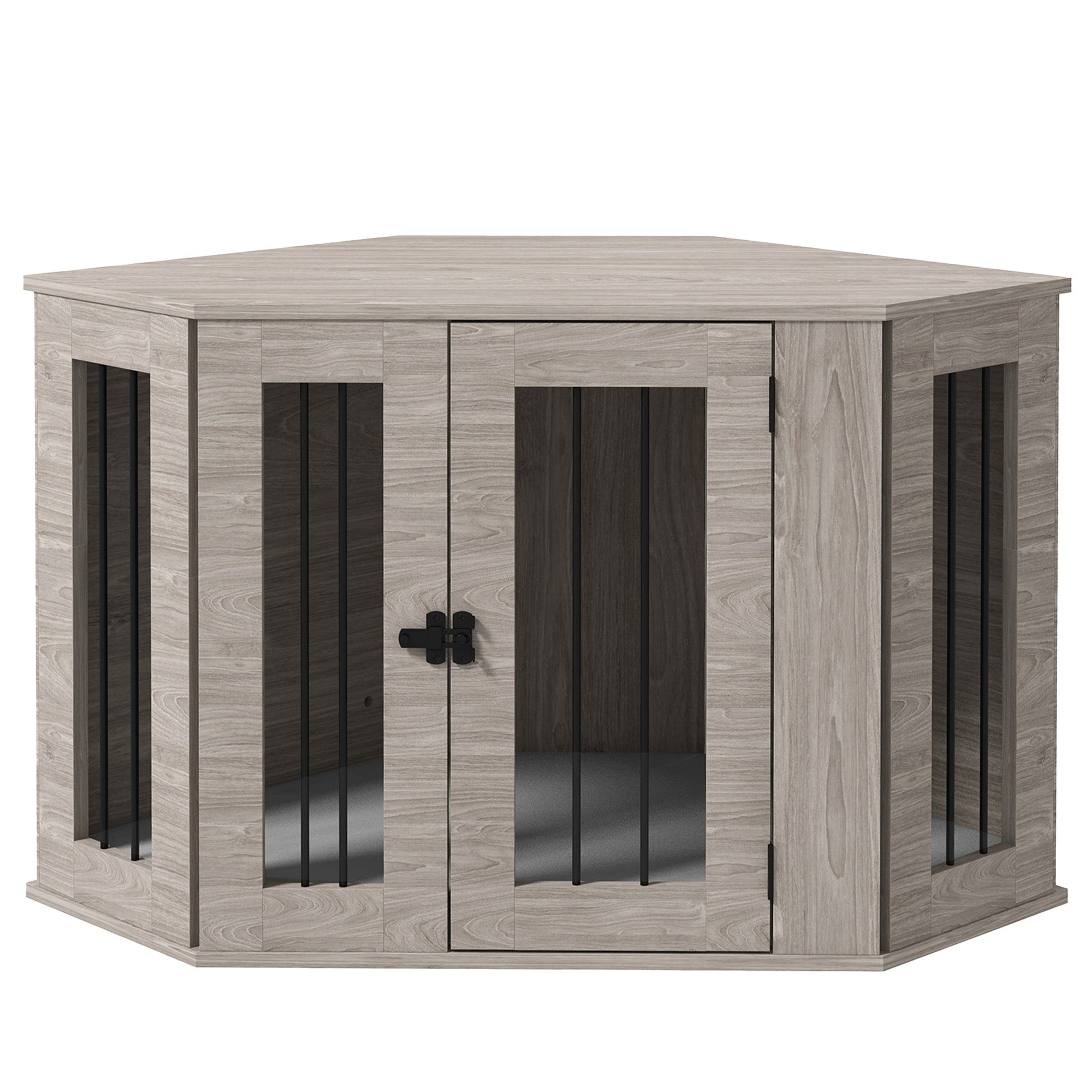 41" Dog Crate Furniture, Corner Dog Crate End Table for Medium and Small Dogs, Indoor Dog Cage with Cushion, Door, Lock, Grey