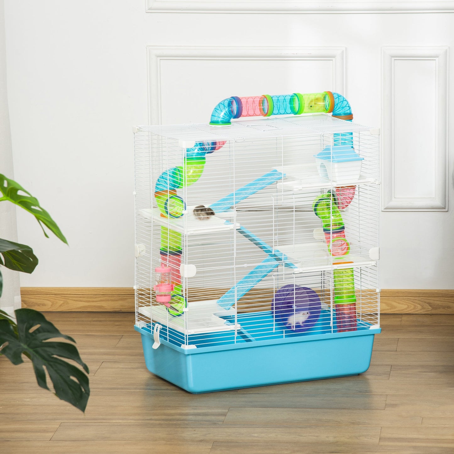Hamster Cage, Large Small Animal House, 5-Level Guinea Pig Cage Gerbil Haven, Tunnel Tube System, with Water Bottle, Exercise Wheel, Food Dish, Ramps, Light Blue