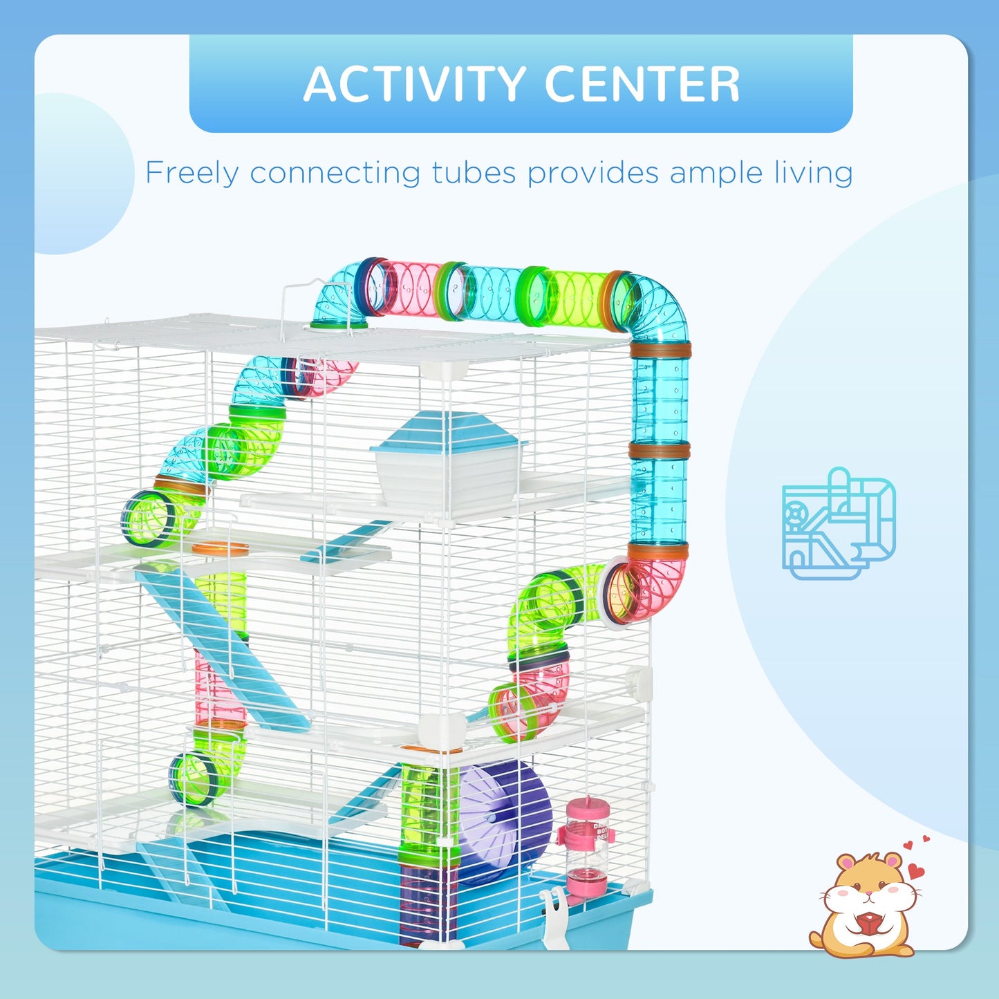 Hamster Cage, Large Small Animal House, 5-Level Guinea Pig Cage Gerbil Haven, Tunnel Tube System, with Water Bottle, Exercise Wheel, Food Dish, Ramps, Light Blue