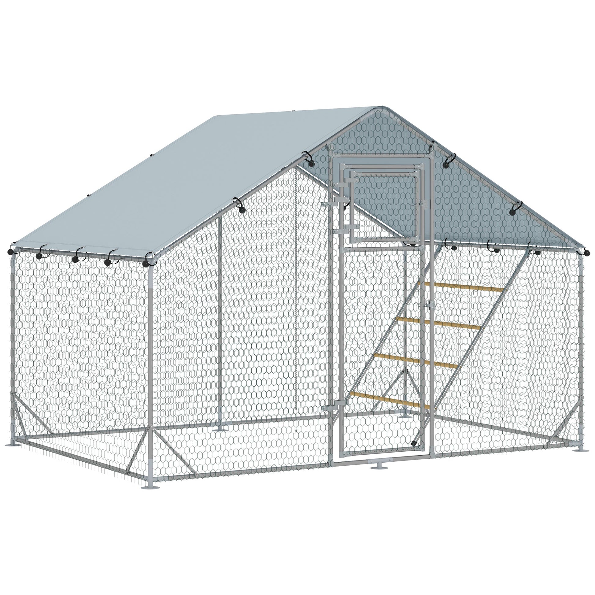 Chicken Run, Large Metal Chicken Coop with Feeding Door, Waterproof & UV-Resistant Cover, Hanging Feeder, Perch, Poultry Cage for Outdoor, Backyard, Farm, for 6-8 Chickens