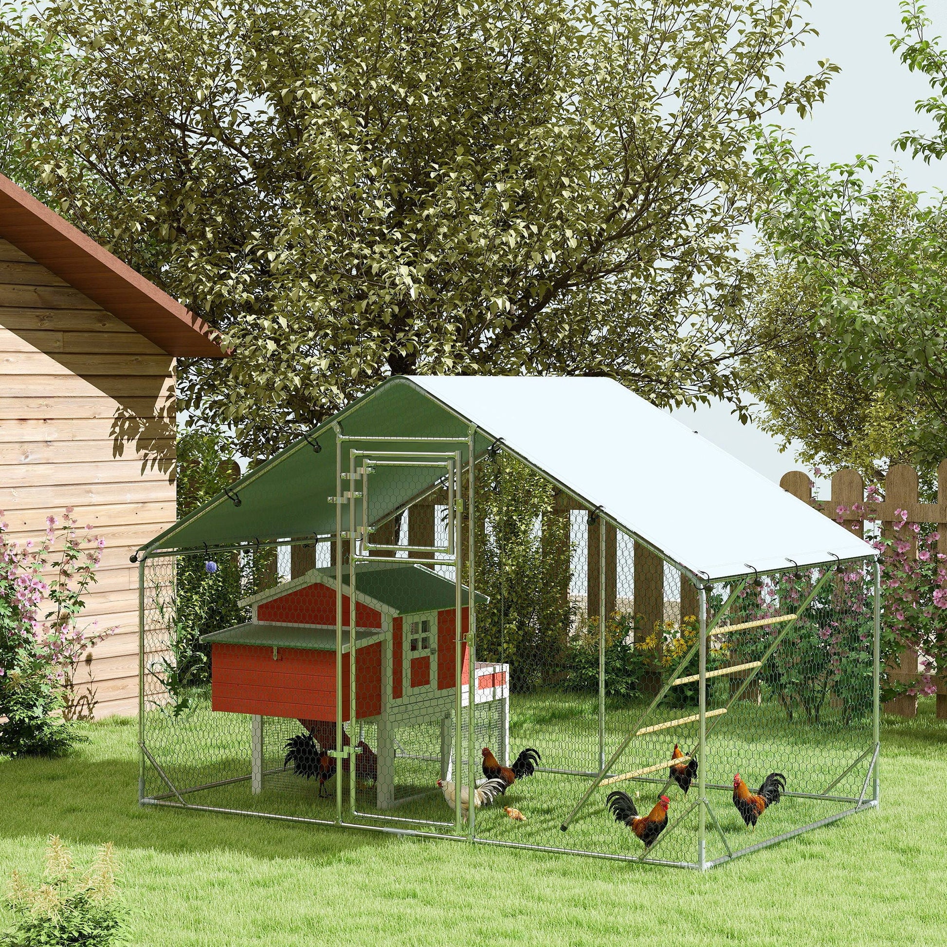 Chicken Run, Large Metal Chicken Coop with Feeding Door, Waterproof & UV-Resistant Cover, Hanging Feeder, Perch, Poultry Cage for Outdoor, Backyard, Farm, for 6-8 Chickens