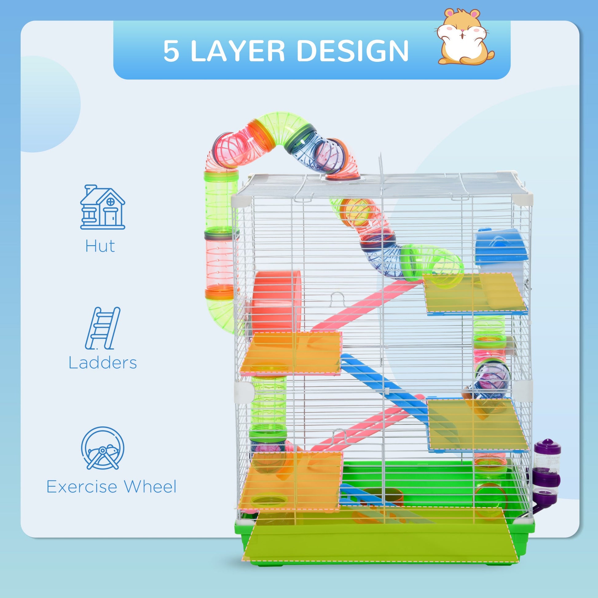 5 Tiers Hamster Cage Portable Animal Travel Carrier Habitat with Exercise Wheels Play Tube Water Bottle Dishes House Ladder for Gerbils, Green