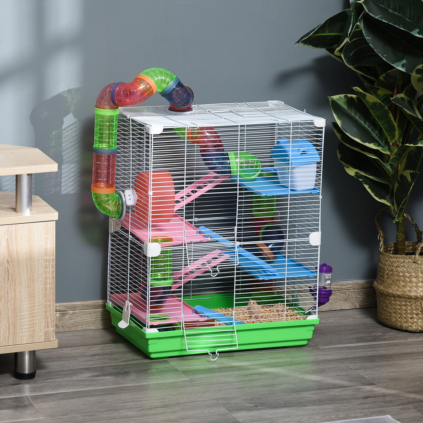 5 Tiers Hamster Cage Portable Animal Travel Carrier Habitat with Exercise Wheels Play Tube Water Bottle Dishes House Ladder for Gerbils, Green