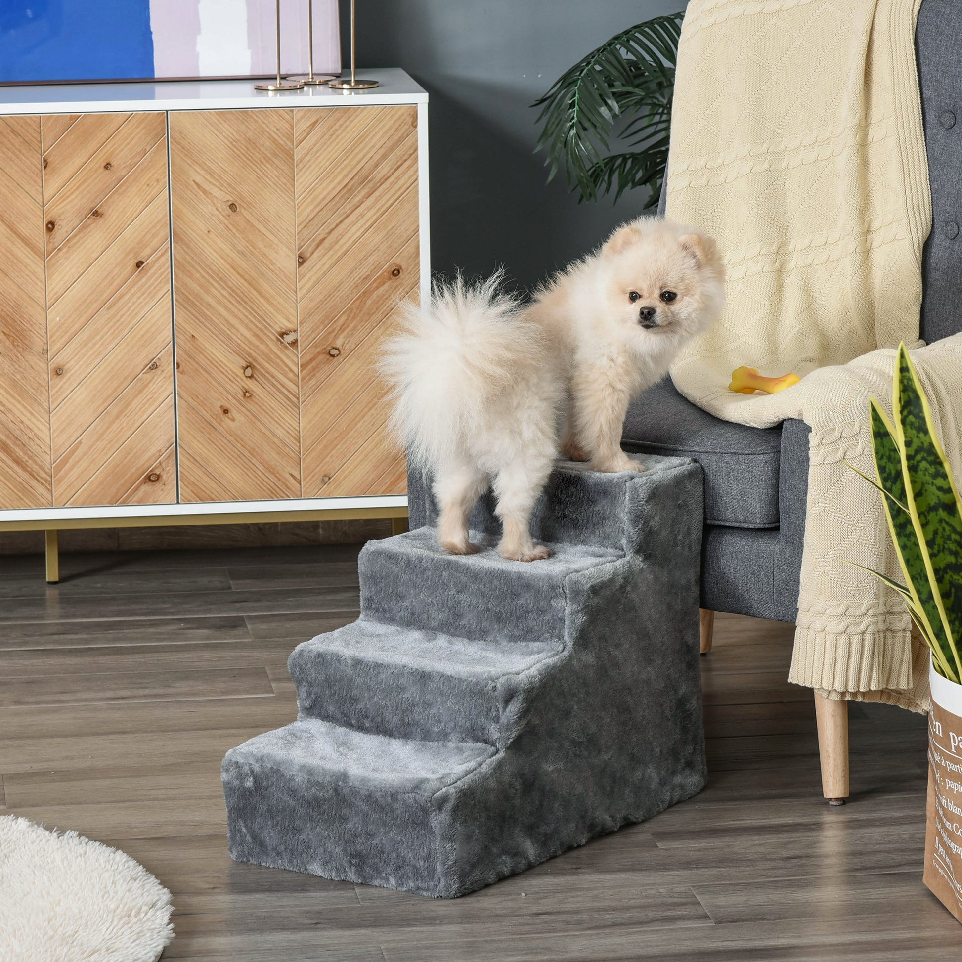 Pet Steps Ladder for Cats and Dogs, Pet Stairs, Ladder for Climbing on Bed, Sofa with Removable Cover, Light Grey