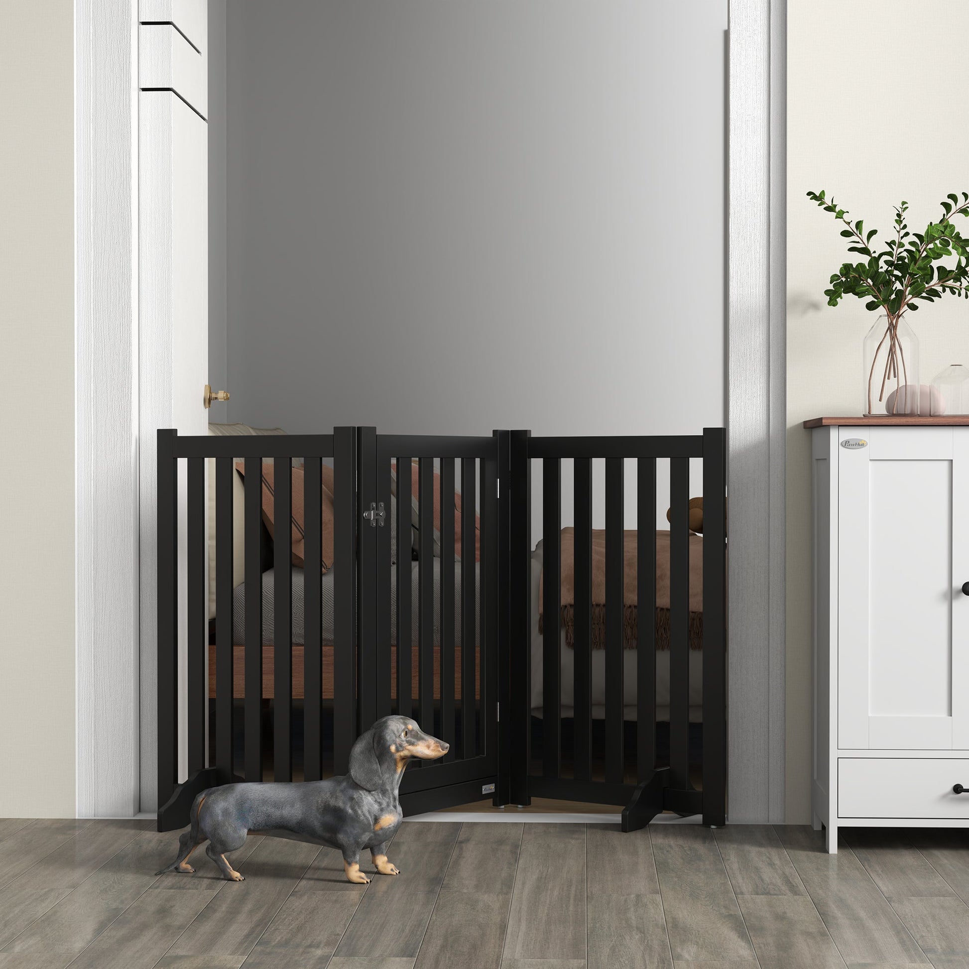 31.5"H Foldable Dog Gate with Door, 3 Panels Freestanding Pet Gate Barriers Indoor with Support Feet, Puppy Fence for Small Medium Dogs, Black
