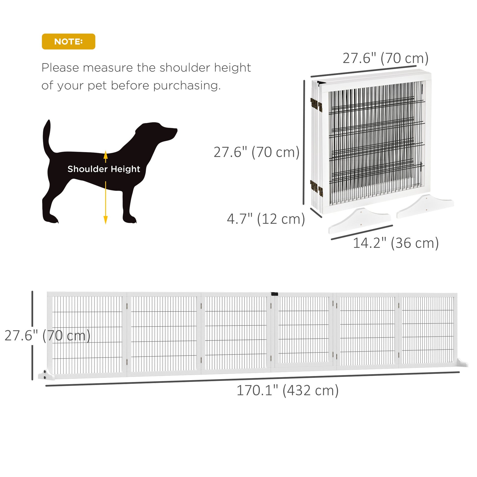 Wooden Pet Gate, Dog Safety Barrier, Freestanding Foldable Fence, w/ 6 Panels, 2 Support Feet, for House Doorway Stairs, Small & Medium Dogs, White