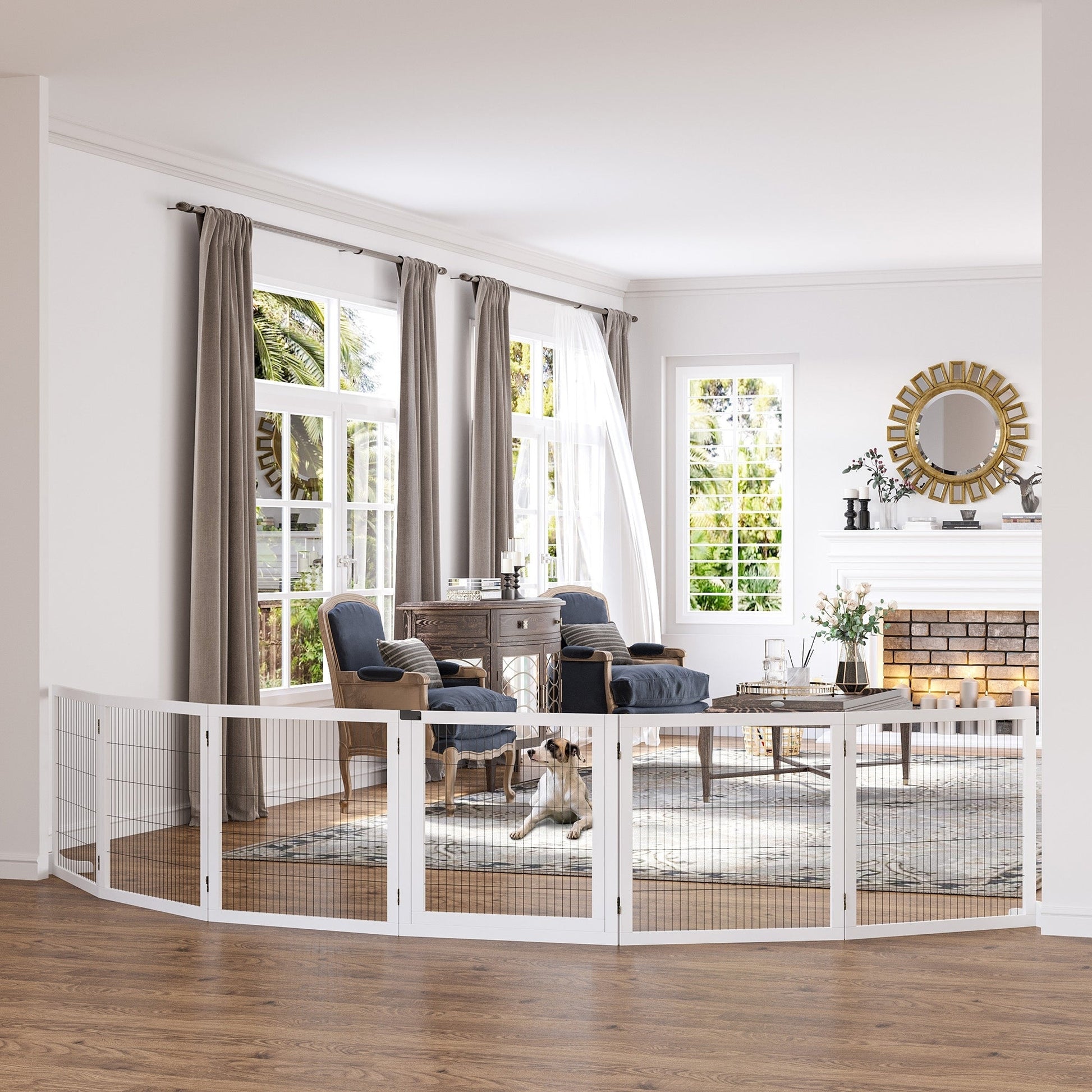 Wooden Pet Gate, Dog Safety Barrier, Freestanding Foldable Fence, w/ 6 Panels, 2 Support Feet, for House Doorway Stairs, Small & Medium Dogs, White