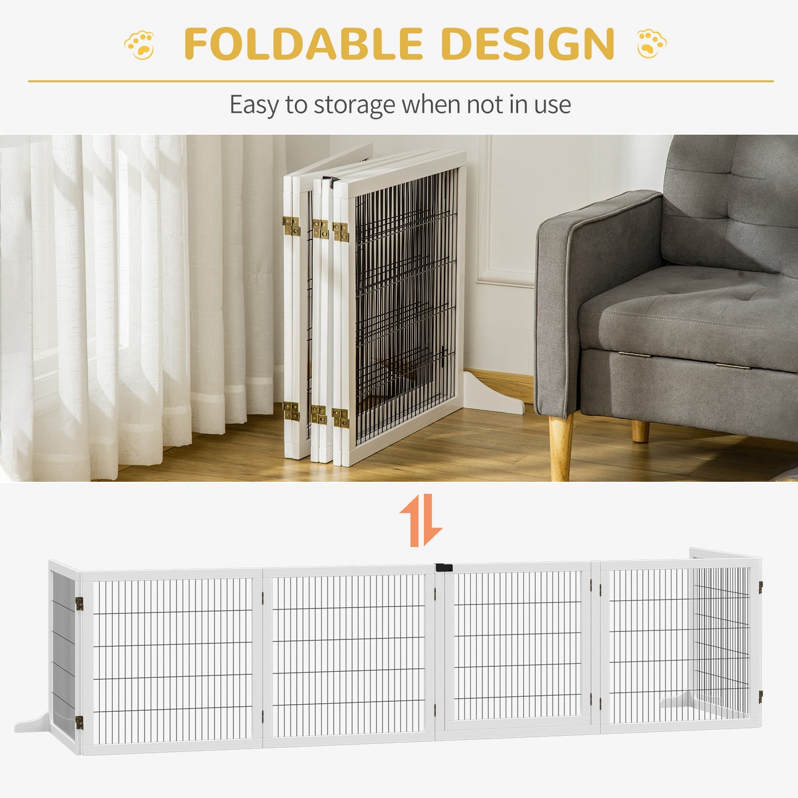 Wooden Pet Gate, Dog Safety Barrier, Freestanding Foldable Fence, w/ 6 Panels, 2 Support Feet, for House Doorway Stairs, Small & Medium Dogs, White