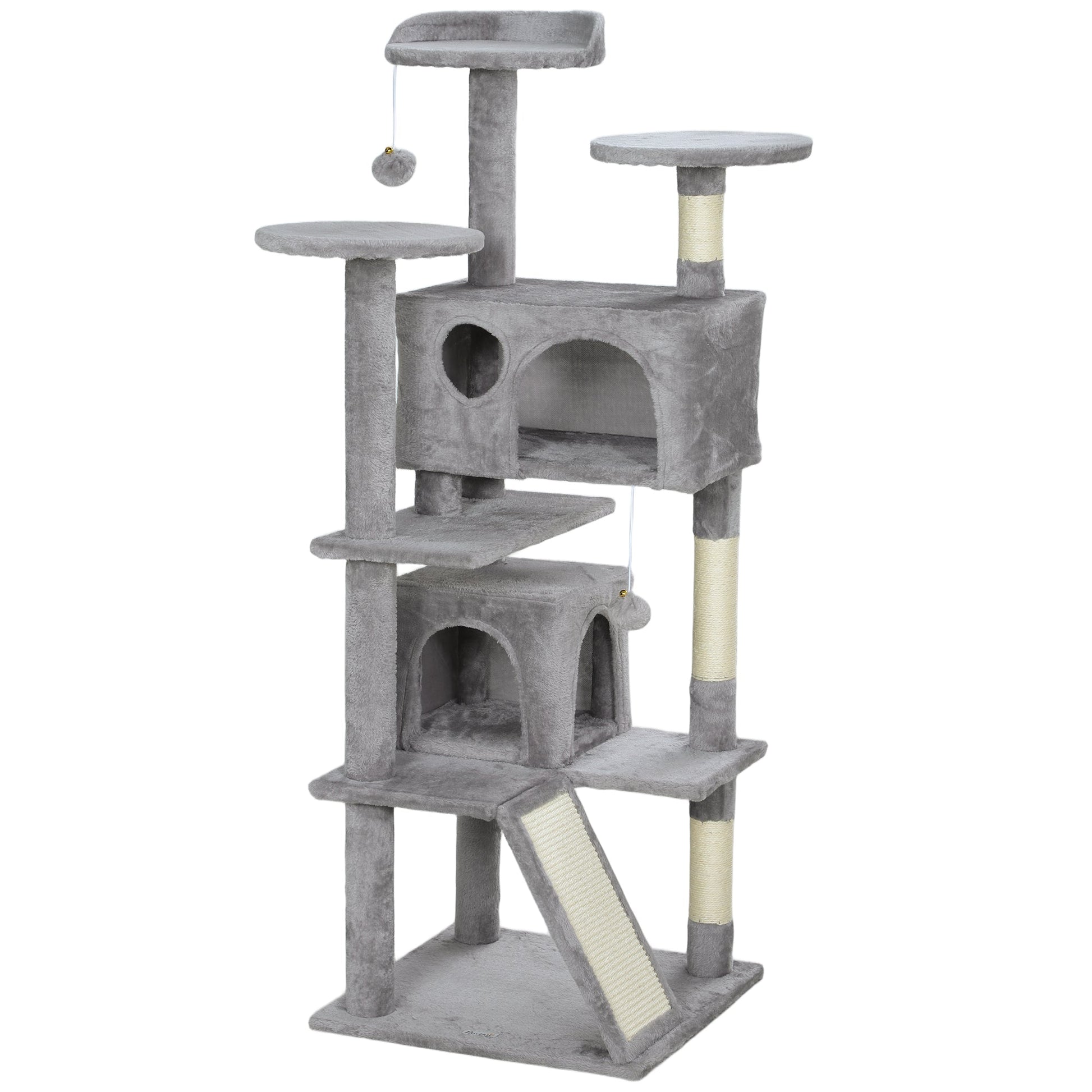 54" Cat Tree, Cat Tower for Indoor Cats with Scratching Posts, Cat Condos, Bed, Platforms, Ramp, Toy Ball, Cat Activity Center, Light Grey
