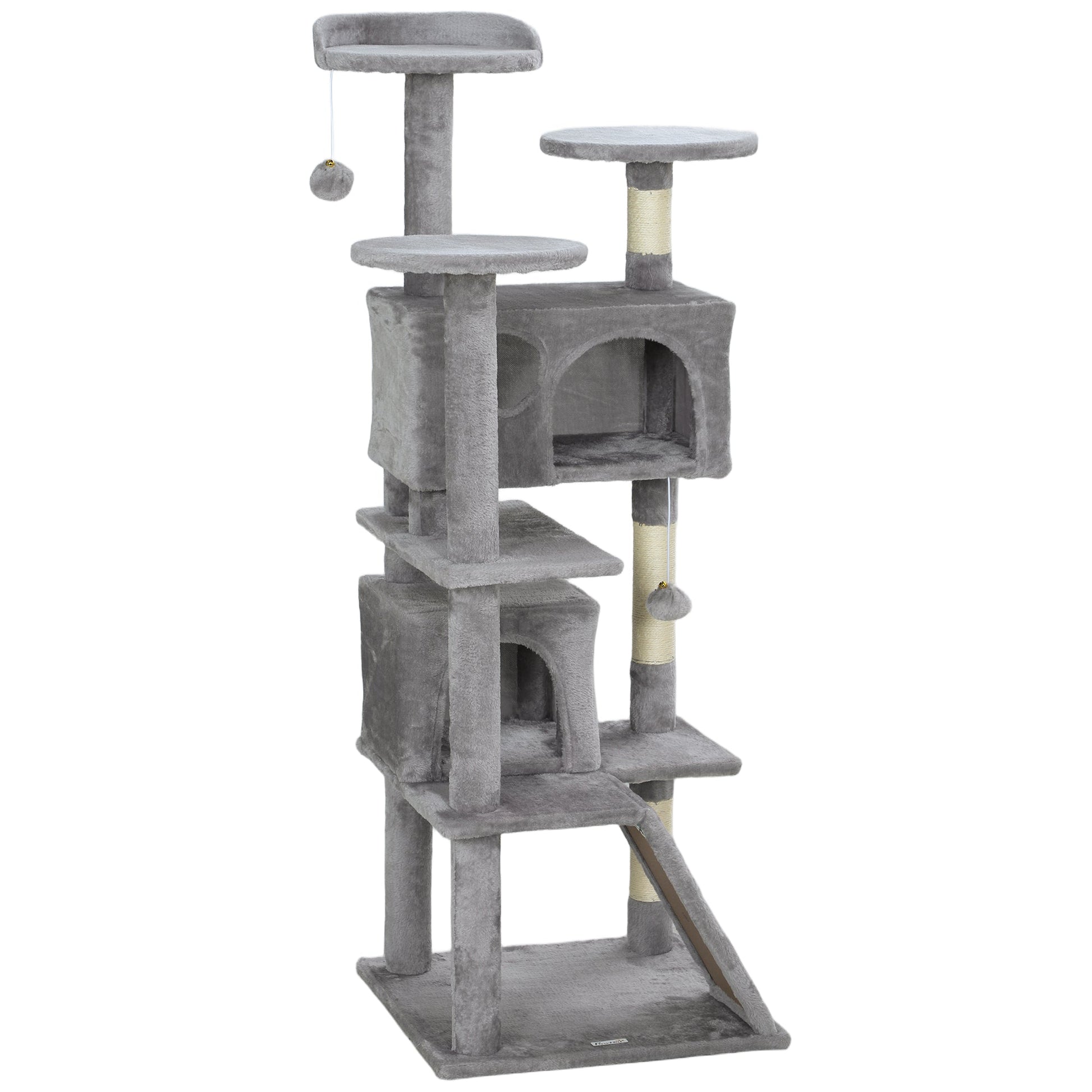 54" Cat Tree, Cat Tower for Indoor Cats with Scratching Posts, Cat Condos, Bed, Platforms, Ramp, Toy Ball, Cat Activity Center, Light Grey