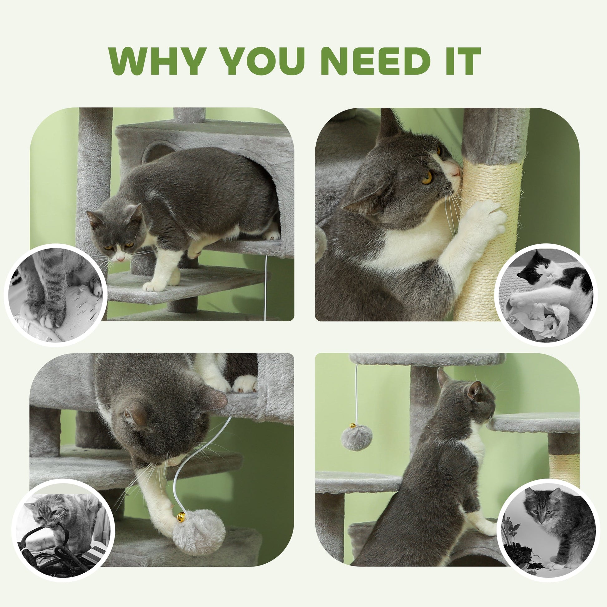 54" Cat Tree, Cat Tower for Indoor Cats with Scratching Posts, Cat Condos, Bed, Platforms, Ramp, Toy Ball, Cat Activity Center, Light Grey