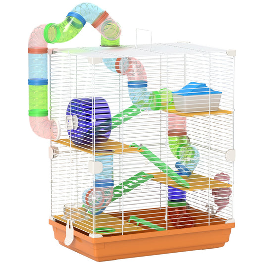 5 Tiers Hamster Cage Portable Animal Travel Carrier Habitat with Exercise Wheels Play Tube Water Bottle Dishes House Ladder for Gerbils, Orange