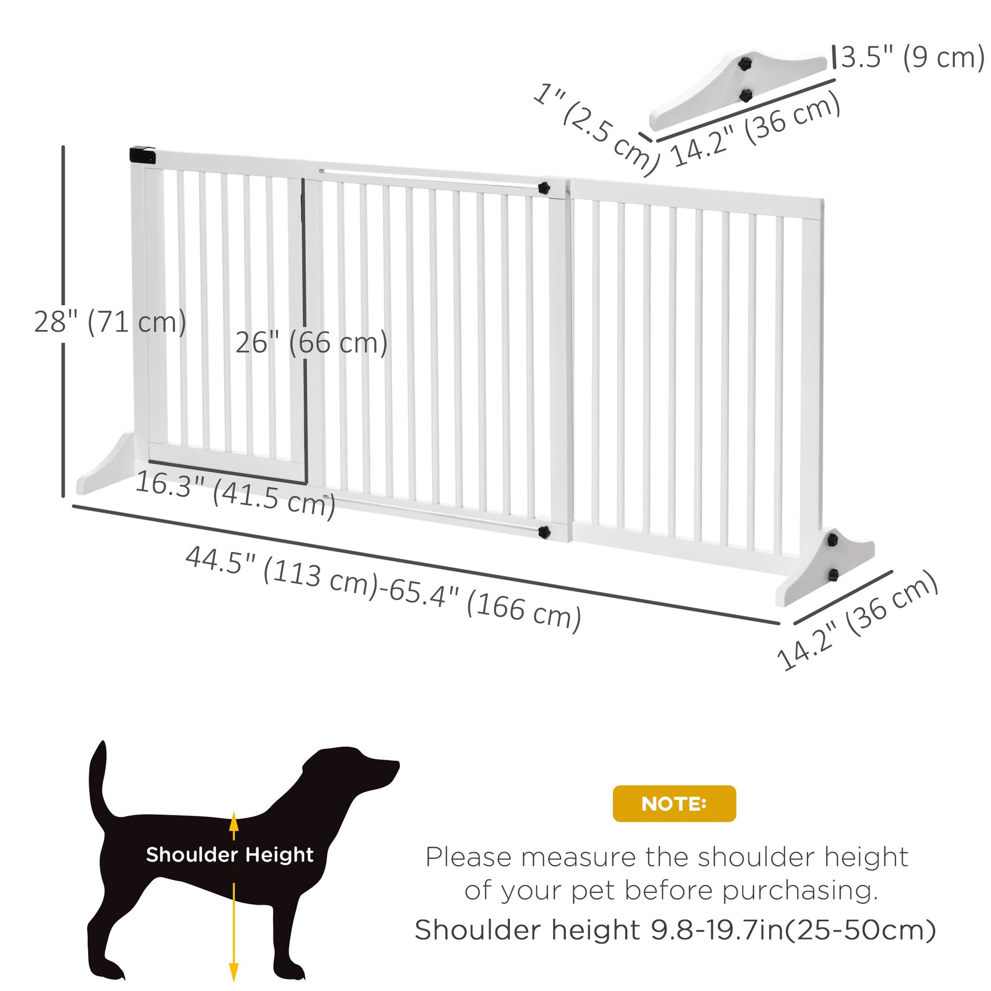 Wooden Dog Gate, Freestanding Pet Fence for Stair, Doorway, 3 Panels w/ Door, Support Feet for Small Medium Dogs, White, 44.5"- 65"L x 28"H