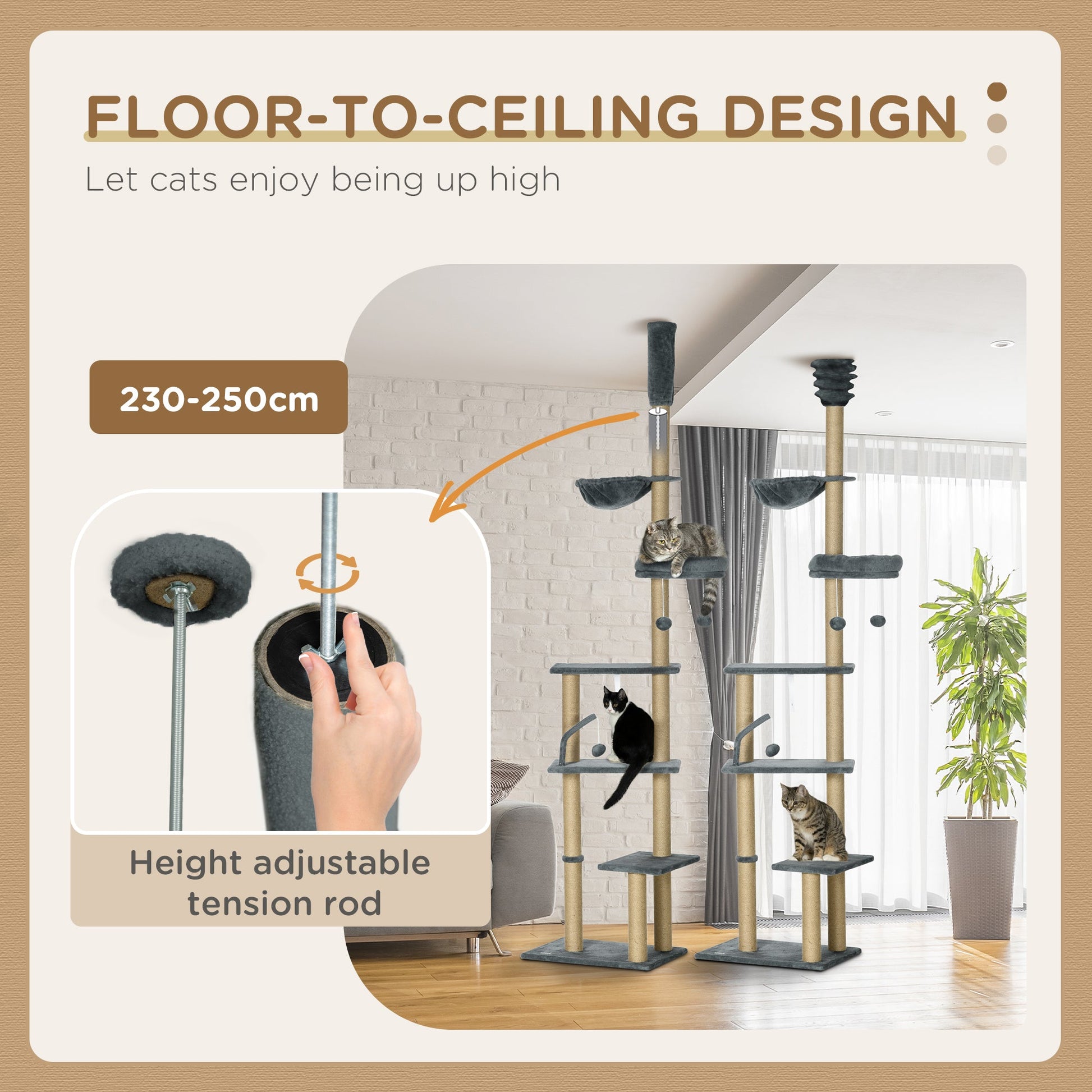  Floor to Ceiling Cat Tree, 90.5" - 98.5" Adjustable Height Cat Tower with Scratching Post, Dangling Balls, Platforms, Bed, Hammock, Grey