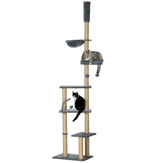  Floor to Ceiling Cat Tree, 90.5" - 98.5" Adjustable Height Cat Tower with Scratching Post, Dangling Balls, Platforms, Bed, Hammock, Grey