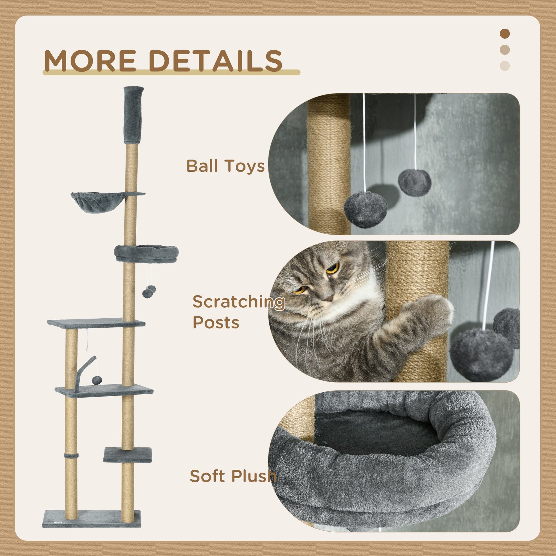  Floor to Ceiling Cat Tree, 90.5" - 98.5" Adjustable Height Cat Tower with Scratching Post, Dangling Balls, Platforms, Bed, Hammock, Grey