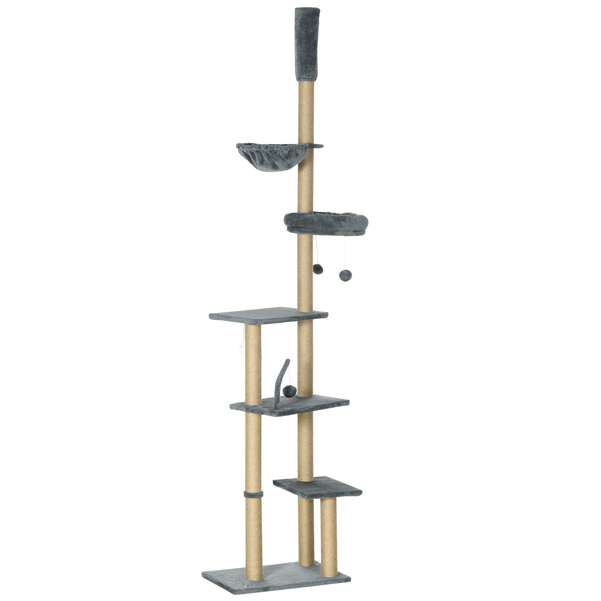  Floor to Ceiling Cat Tree, 90.5" - 98.5" Adjustable Height Cat Tower with Scratching Post, Dangling Balls, Platforms, Bed, Hammock, Grey
