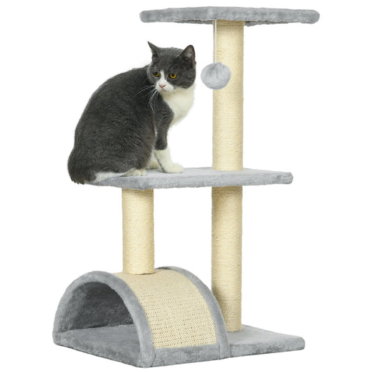 Cat Tree Tower for Indoor Cats, 28 Inches Climbing Activity Center w/ Sisal Scratching Post, Pad, Arc Perch, Hanging Ball, Toy, Light Grey and Cream White