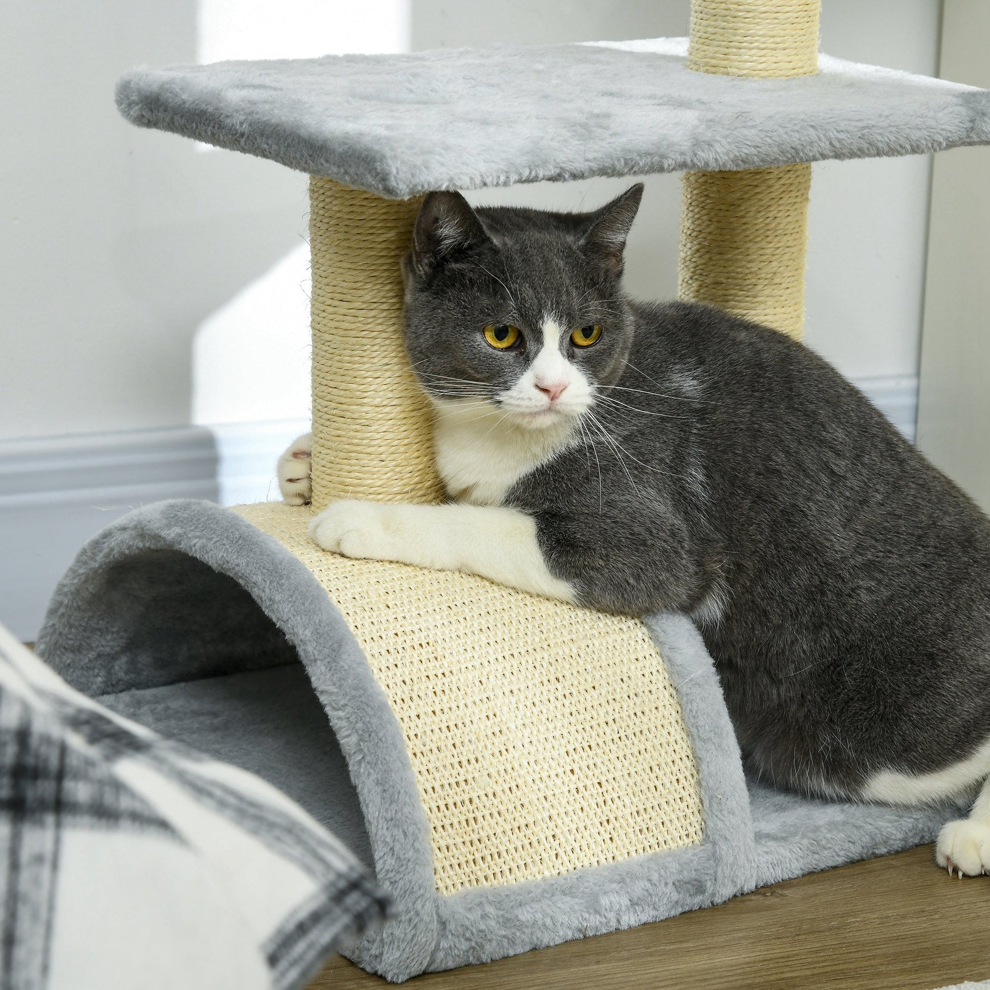 Cat Tree Tower for Indoor Cats, 28 Inches Climbing Activity Center w/ Sisal Scratching Post, Pad, Arc Perch, Hanging Ball, Toy, Light Grey and Cream White
