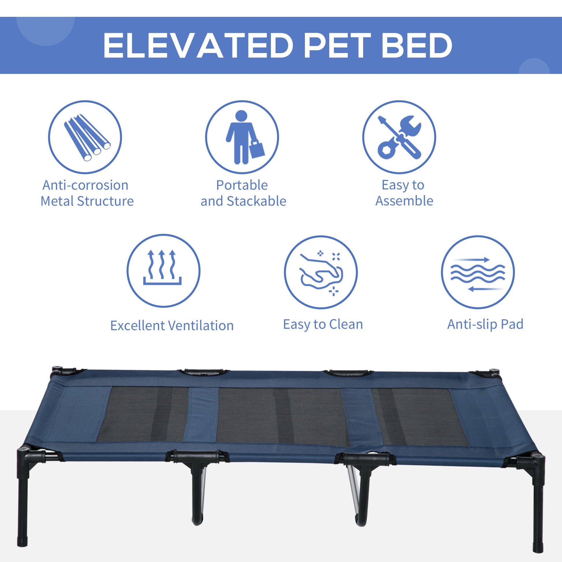 Elevated Dog Bed, Raised Dog Cot for XL Sized Dogs, Indoor & Outdoor, 48" x 36" x 9", Dark Blue