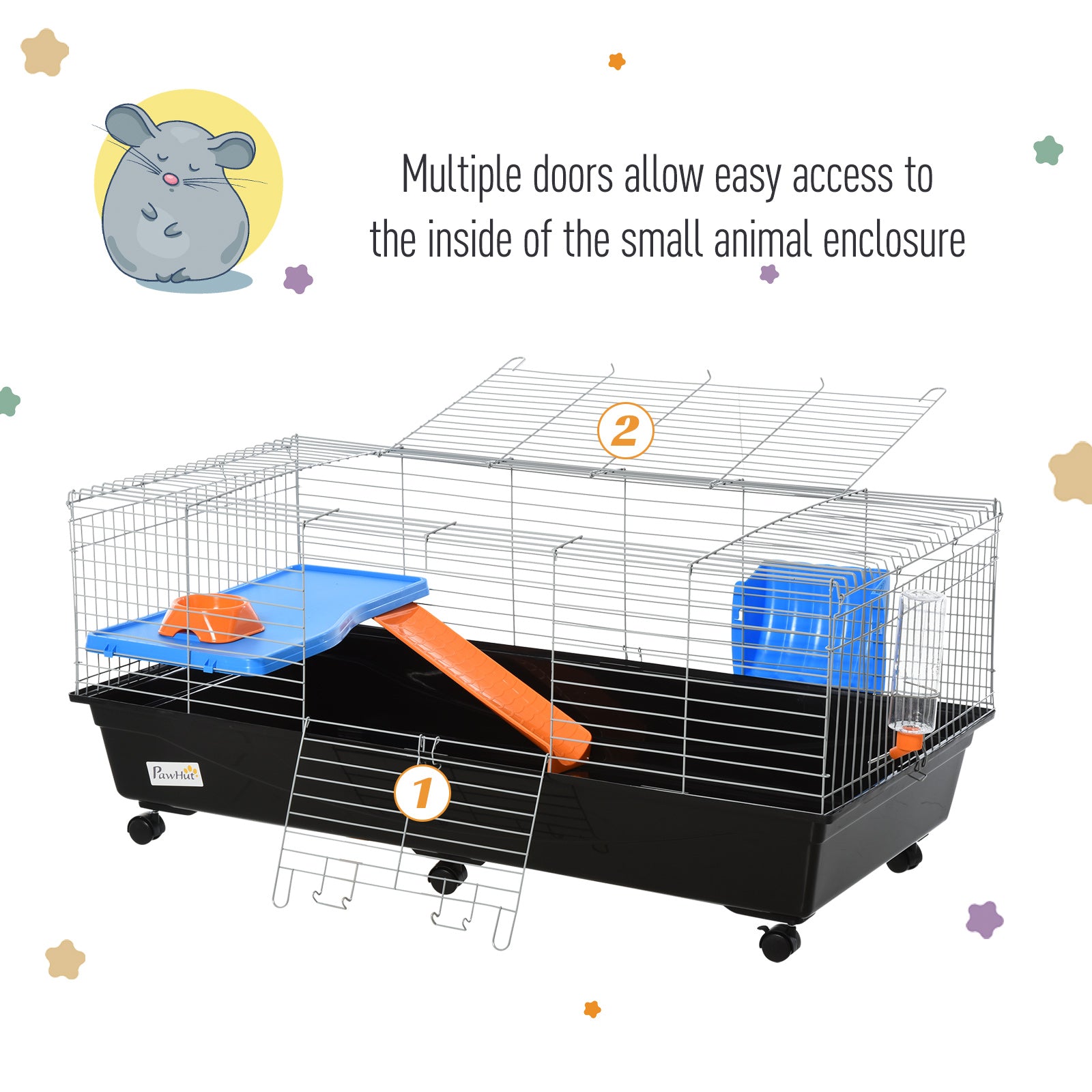 47" Small Animal Cage, Rolling Bunny Cage, Guinea Pig Cage with Food Dish, Water Bottle, Hay Feeder, Platform, Ramp for Chinchilla, Black