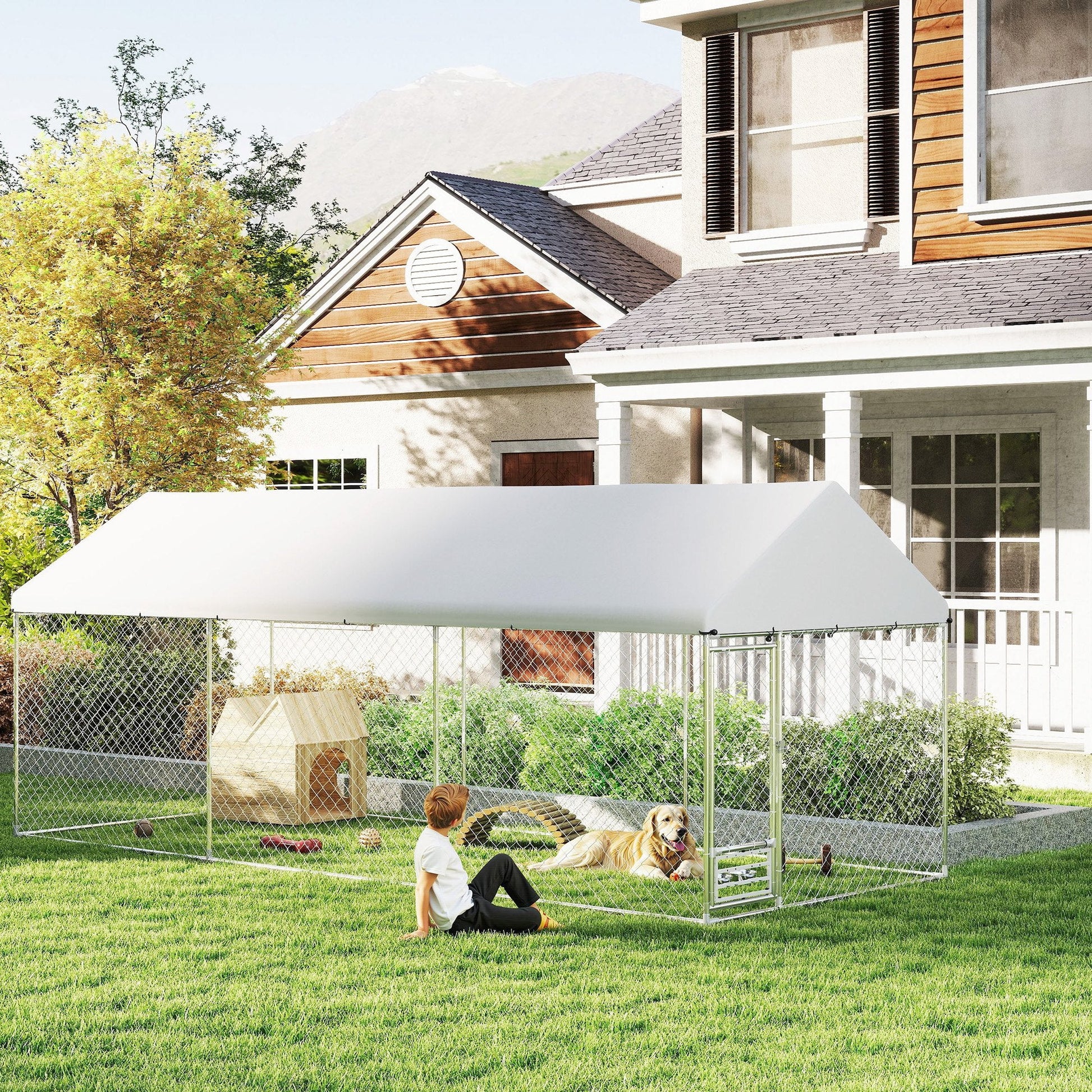 Outdoor Dog Kennel with Roof, Heavy Duty Dog Run Outdoor Fence Cage with Adjustable & Rotating Bowls, Waterproof UV-Resistant Cover, Secure Lock, 19.7' x 7.5' x 7.5'