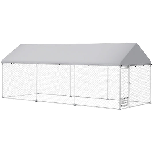 Outdoor Dog Kennel with Roof, Heavy Duty Dog Run Outdoor Fence Cage with Adjustable & Rotating Bowls, Waterproof UV-Resistant Cover, Secure Lock, 19.7' x 7.5' x 7.5'
