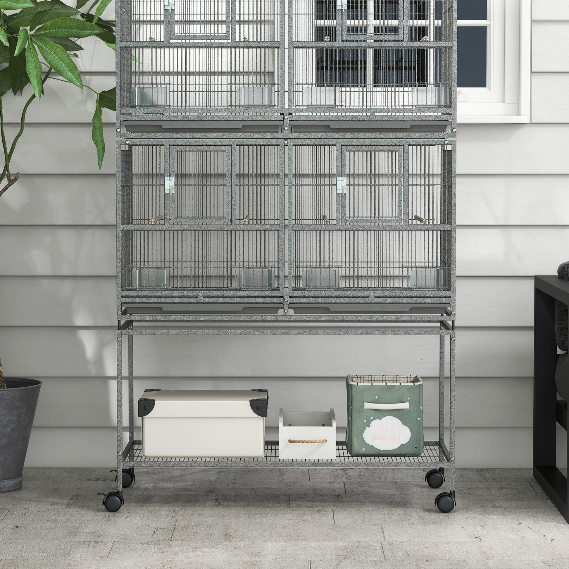 61"H Divided Breeder Bird Cage with Rolling Stand Removable Metal Tray, Storage Shelf, Wood Perch, and Food Container, Dark Grey