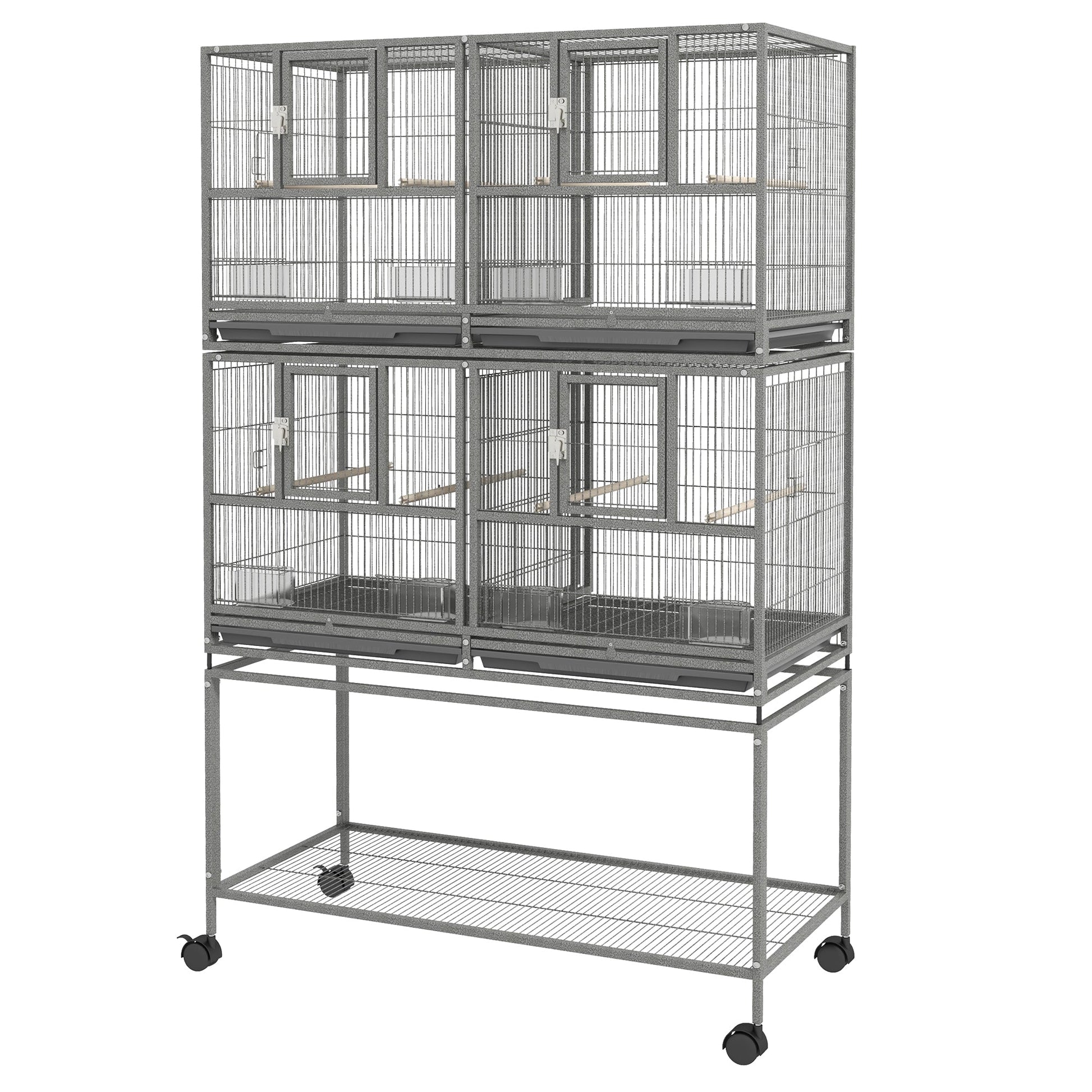 61"H Divided Breeder Bird Cage with Rolling Stand Removable Metal Tray, Storage Shelf, Wood Perch, and Food Container, Dark Grey