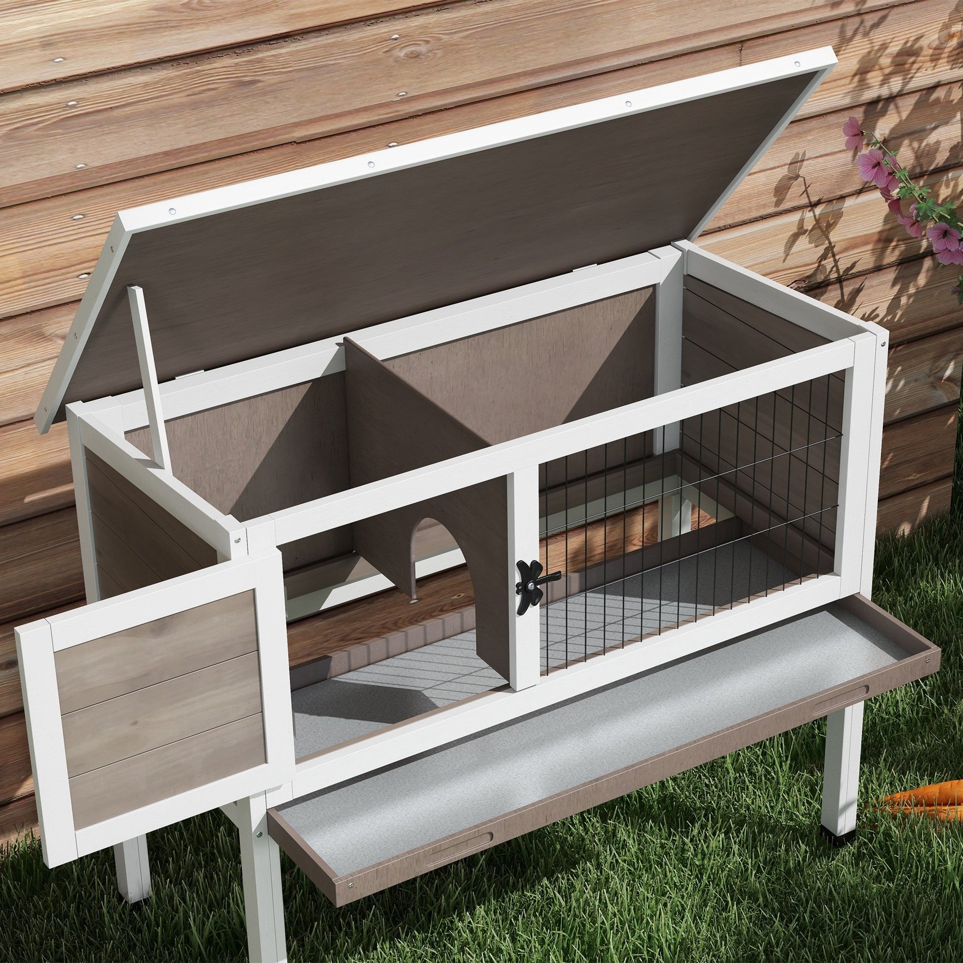 Wooden Rabbit Hutch Bunny Small Animal House with Openable Asphalt Roof, Slide-out Tray, Indoor/Outdoor, Brown