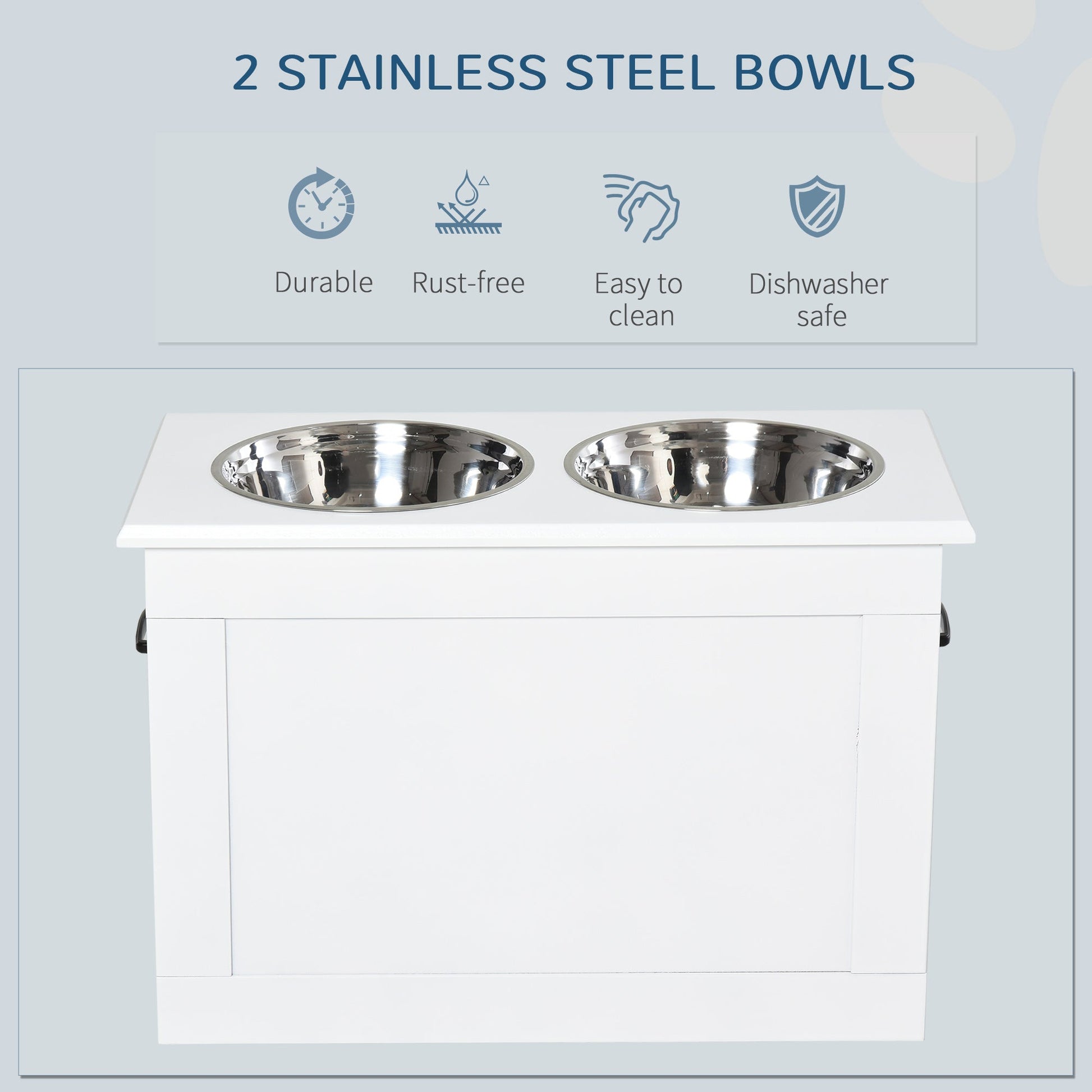 Elevated Dog Bowls for Large Dogs with Storage Dog Pet Diner Function 2 Stainless Steel Dog Bowls Elevated Base for Big-sized Dogs and Other Large Pets, White