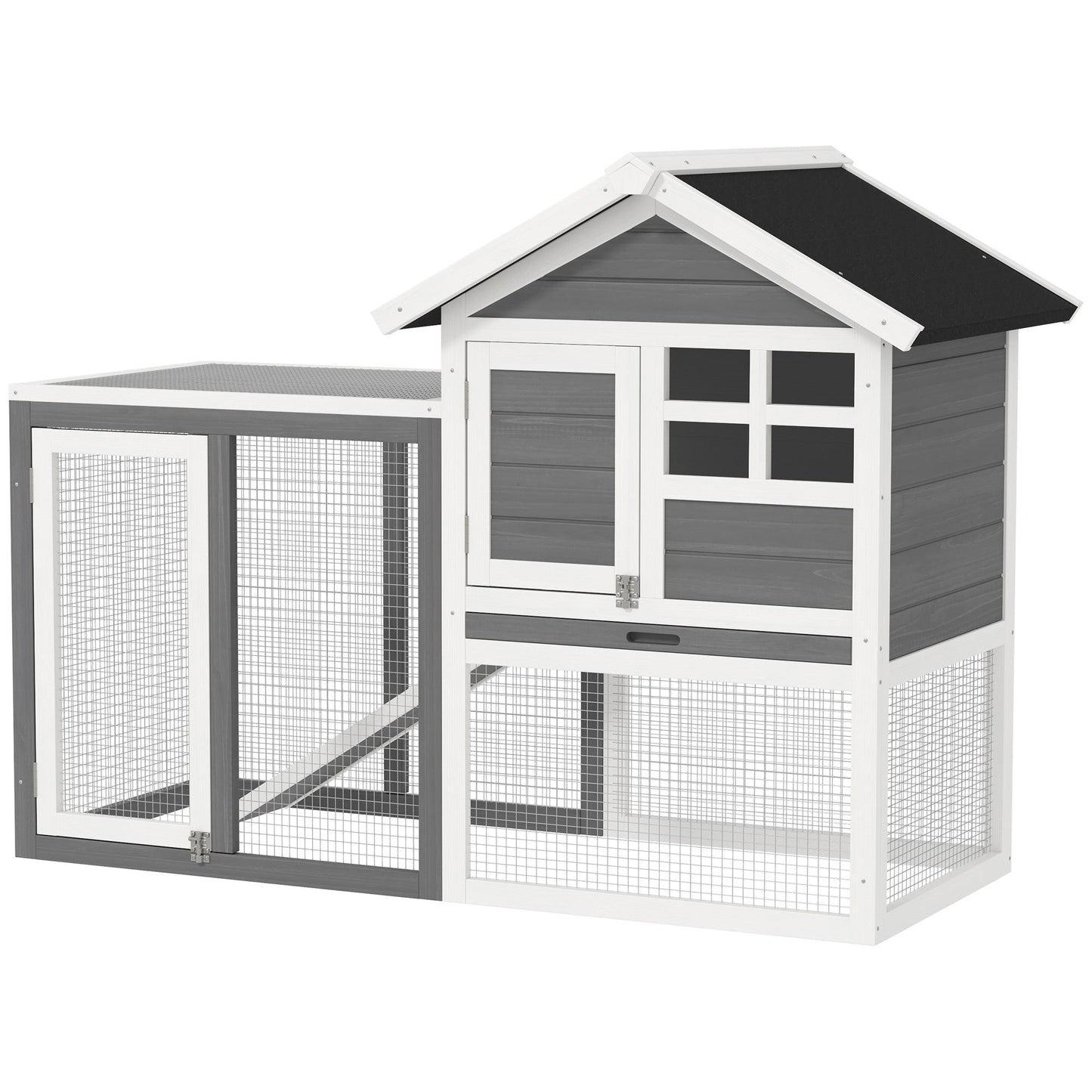 48" Weatherproof Wooden Rabbit Hutch With Slant Roof And Screened Outdoor Run, Grey