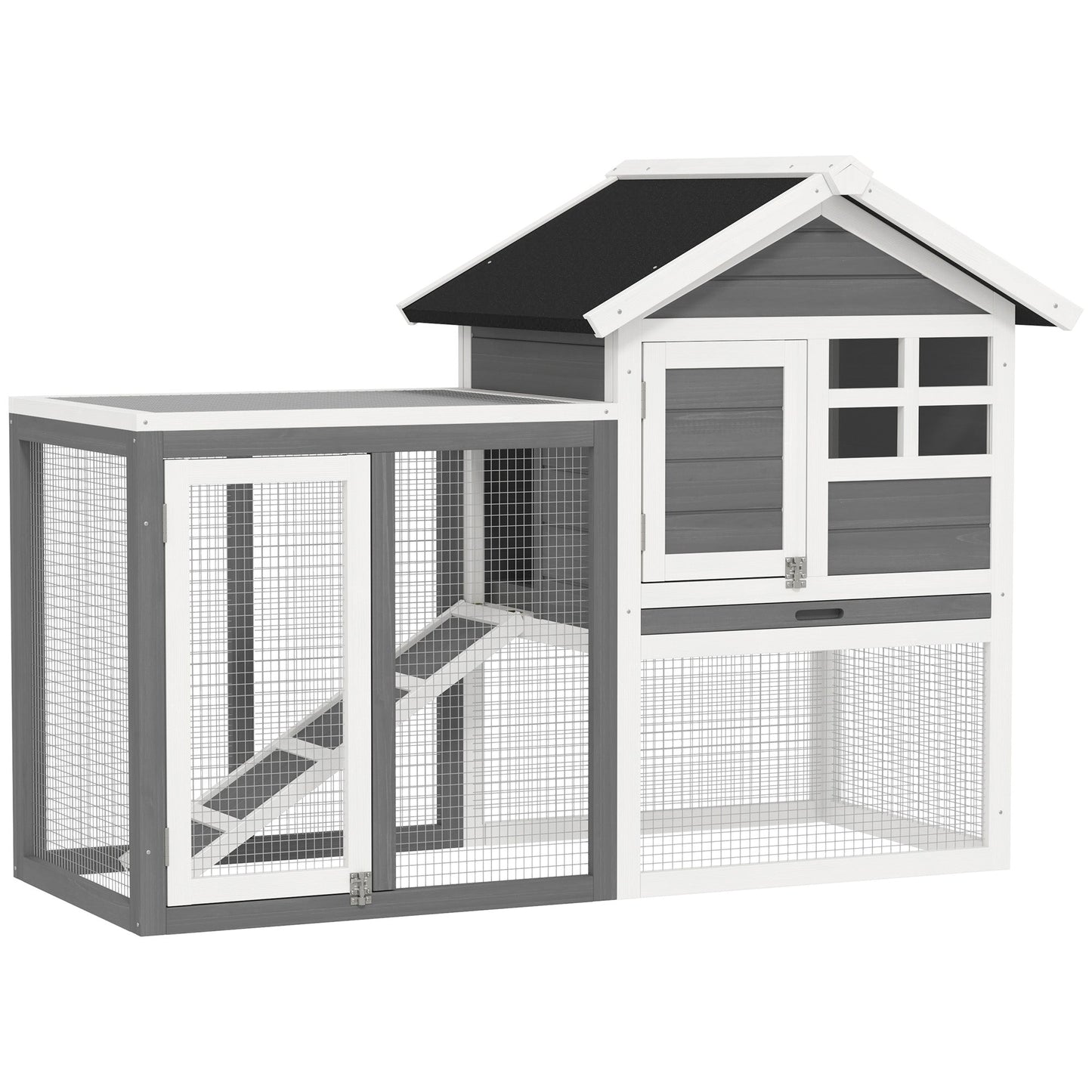 48" Weatherproof Wooden Rabbit Hutch With Slant Roof And Screened Outdoor Run, Grey