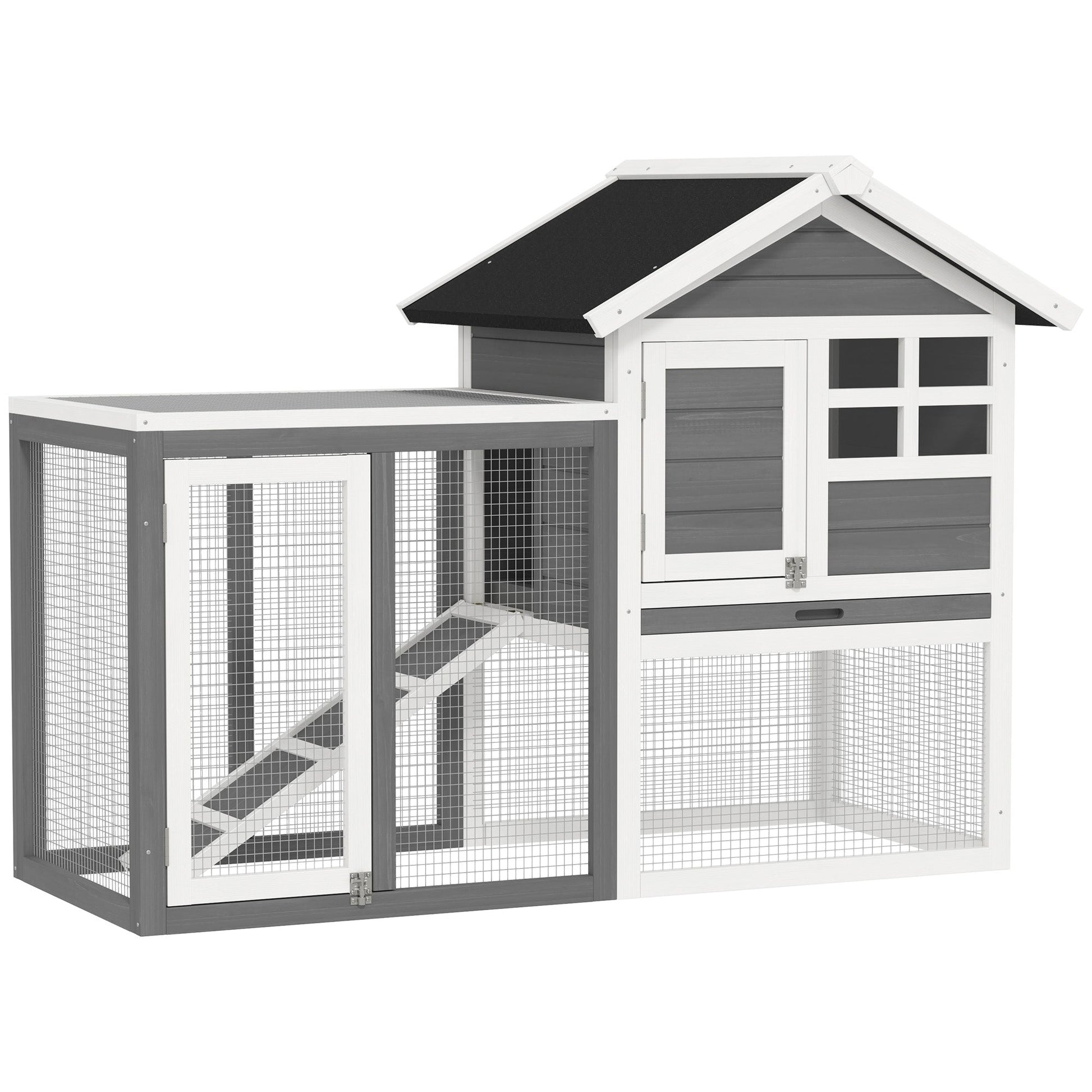 48" Weatherproof Wooden Rabbit Hutch With Slant Roof And Screened Outdoor Run, Grey