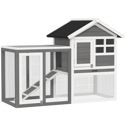 48" Weatherproof Wooden Rabbit Hutch With Slant Roof And Screened Outdoor Run, Grey