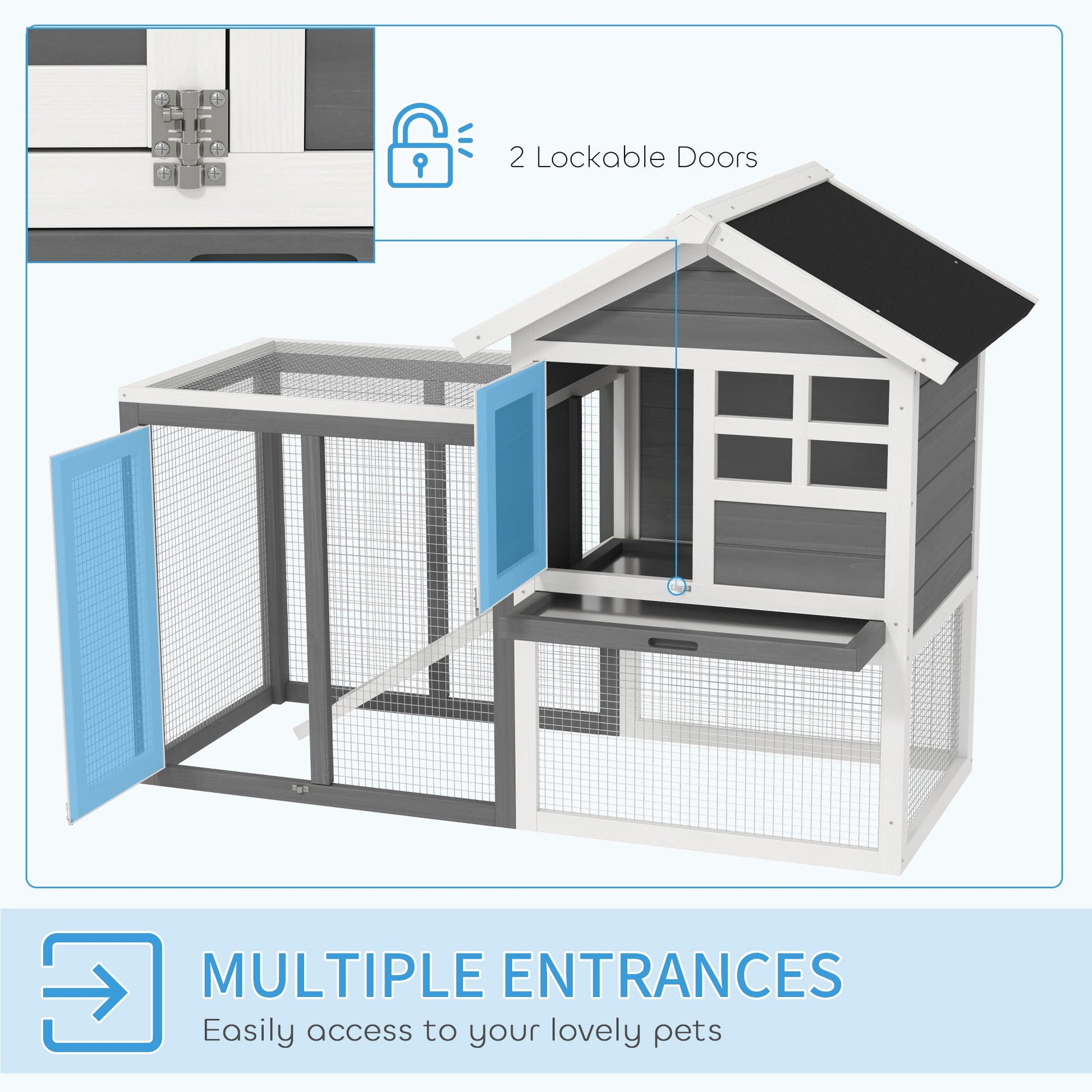 48" Weatherproof Wooden Rabbit Hutch With Slant Roof And Screened Outdoor Run, Grey
