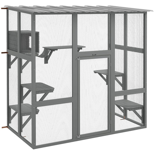Catio, Wooden Outdoor Cat Enclosure Window Box with Weatherproof Roof, Bridge, Resting Box, Platforms, Cat Cage for 2 Kittens, Grey