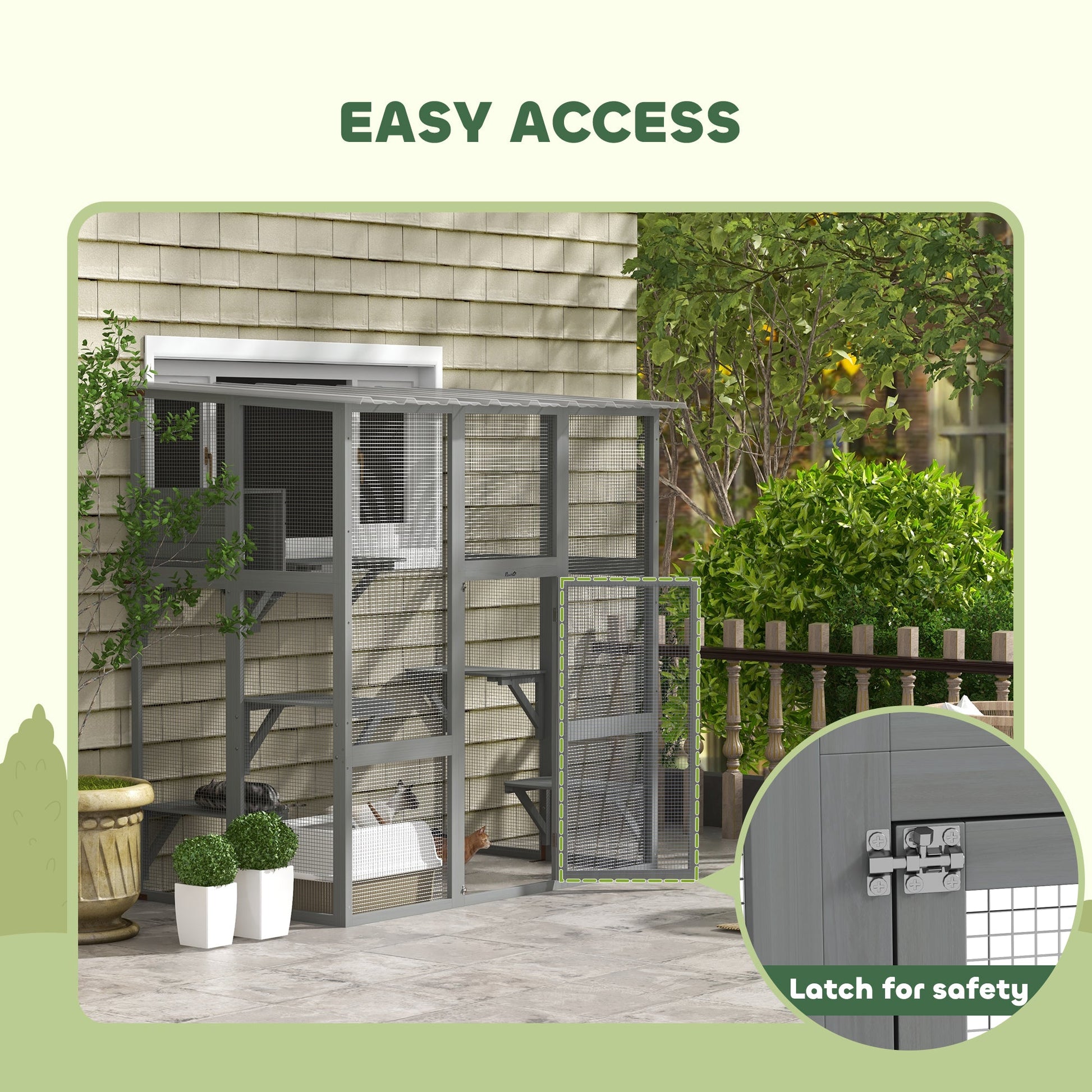 Catio, Wooden Outdoor Cat Enclosure Window Box with Weatherproof Roof, Bridge, Resting Box, Platforms, Cat Cage for 2 Kittens, Grey