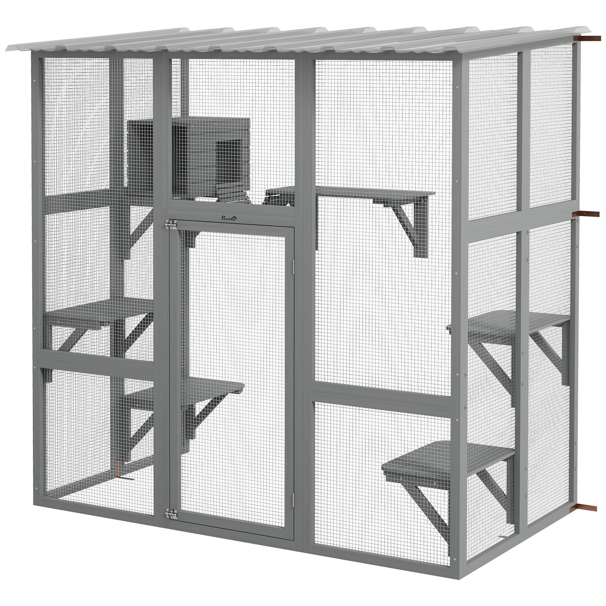 Catio, Wooden Outdoor Cat Enclosure Window Box with Weatherproof Roof, Bridge, Resting Box, Platforms, Cat Cage for 2 Kittens, Grey