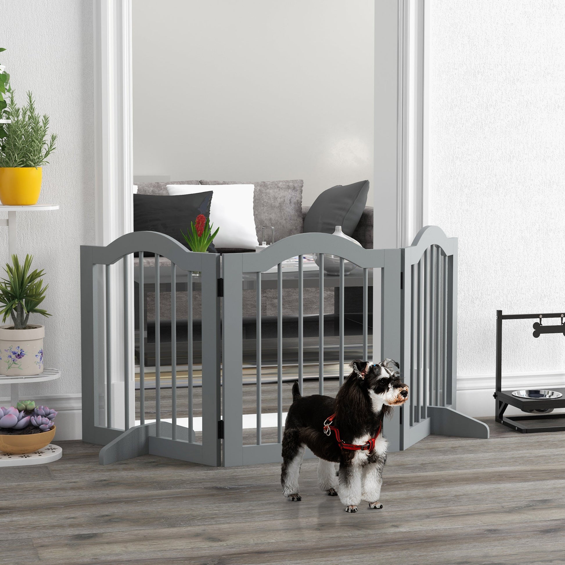 24"H Foldable Dog Gate, 3 Panels Freestanding Pet Gate Barriers Indoor with Support Feet, Puppy Fence for Small Dogs, Light Grey