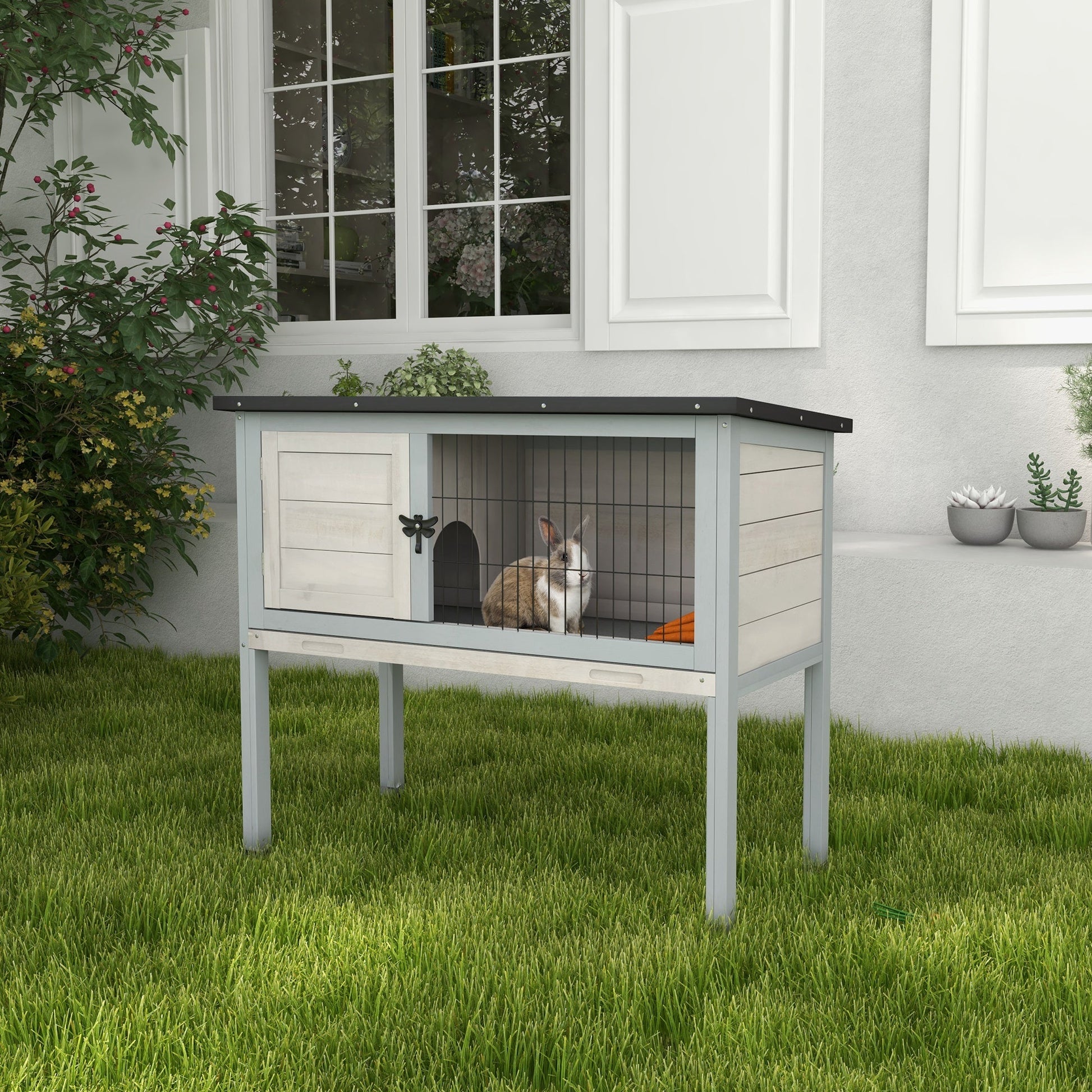 Wooden Rabbit Hutch Bunny Small Animal House with Openable Asphalt Roof, Slide-out Tray, Indoor/Outdoor, Light Grey