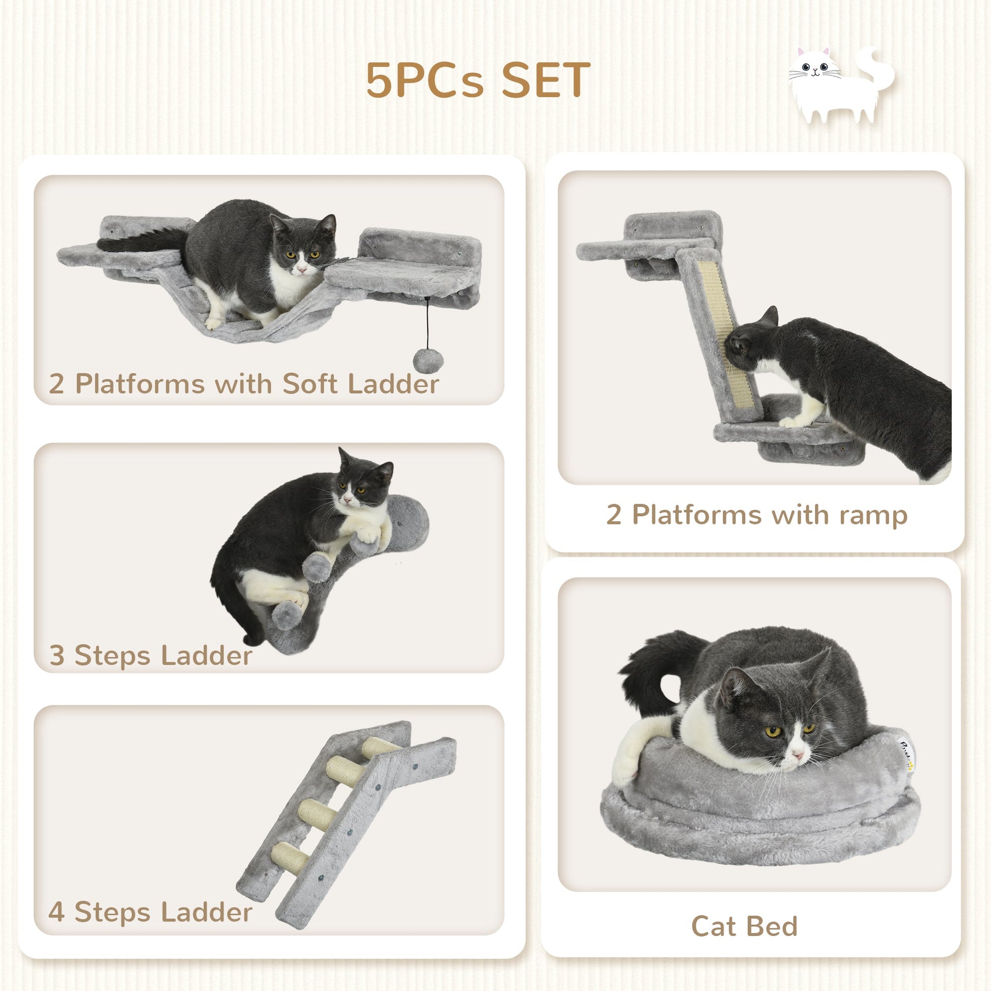 5Pcs Cat Wall Shelf with Scratching Post, Cat Wall Shelves for Relaxing, Climbing, Cat Wall With Soft Ladder, Cat Bed, Play Ball, Grey