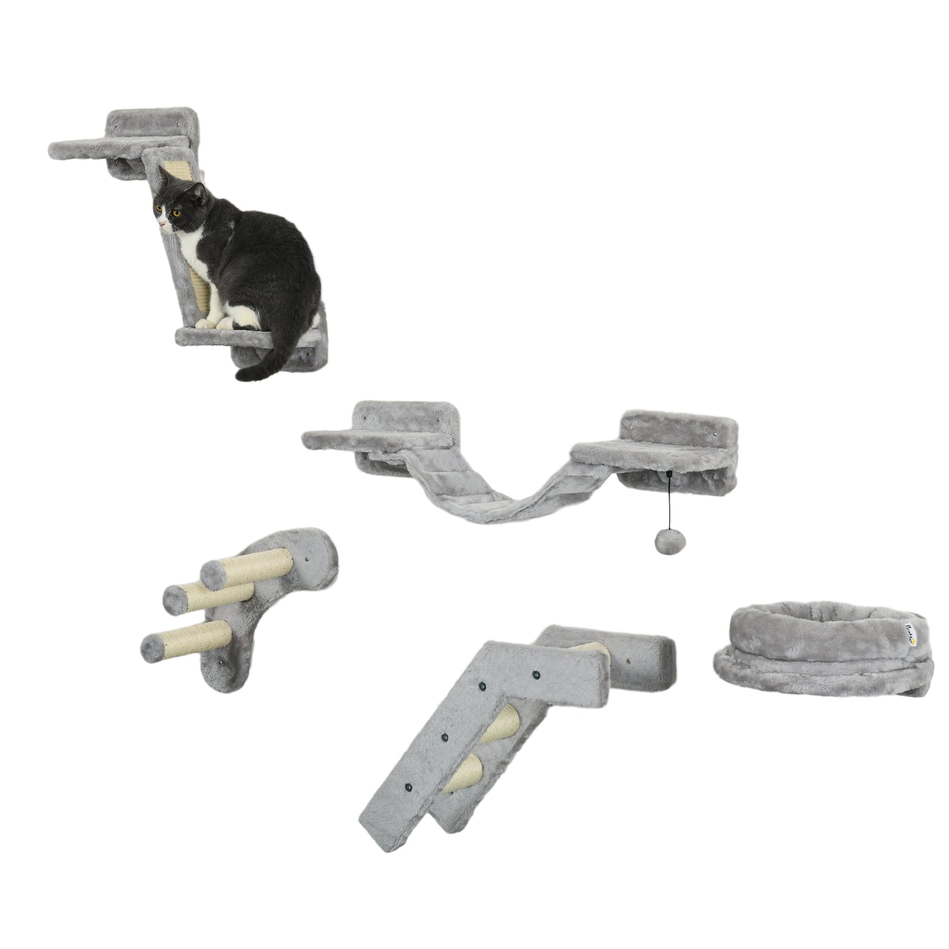 5Pcs Cat Wall Shelf with Scratching Post, Cat Wall Shelves for Relaxing, Climbing, Cat Wall With Soft Ladder, Cat Bed, Play Ball, Grey