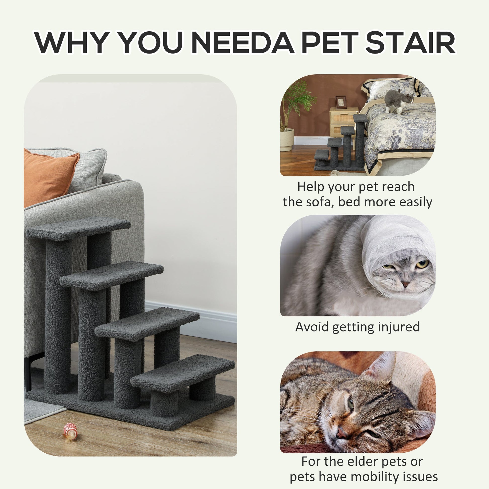 4-Step Multi-Level Carpeted Cat Scratching Post Pet Stairs, Dark Grey