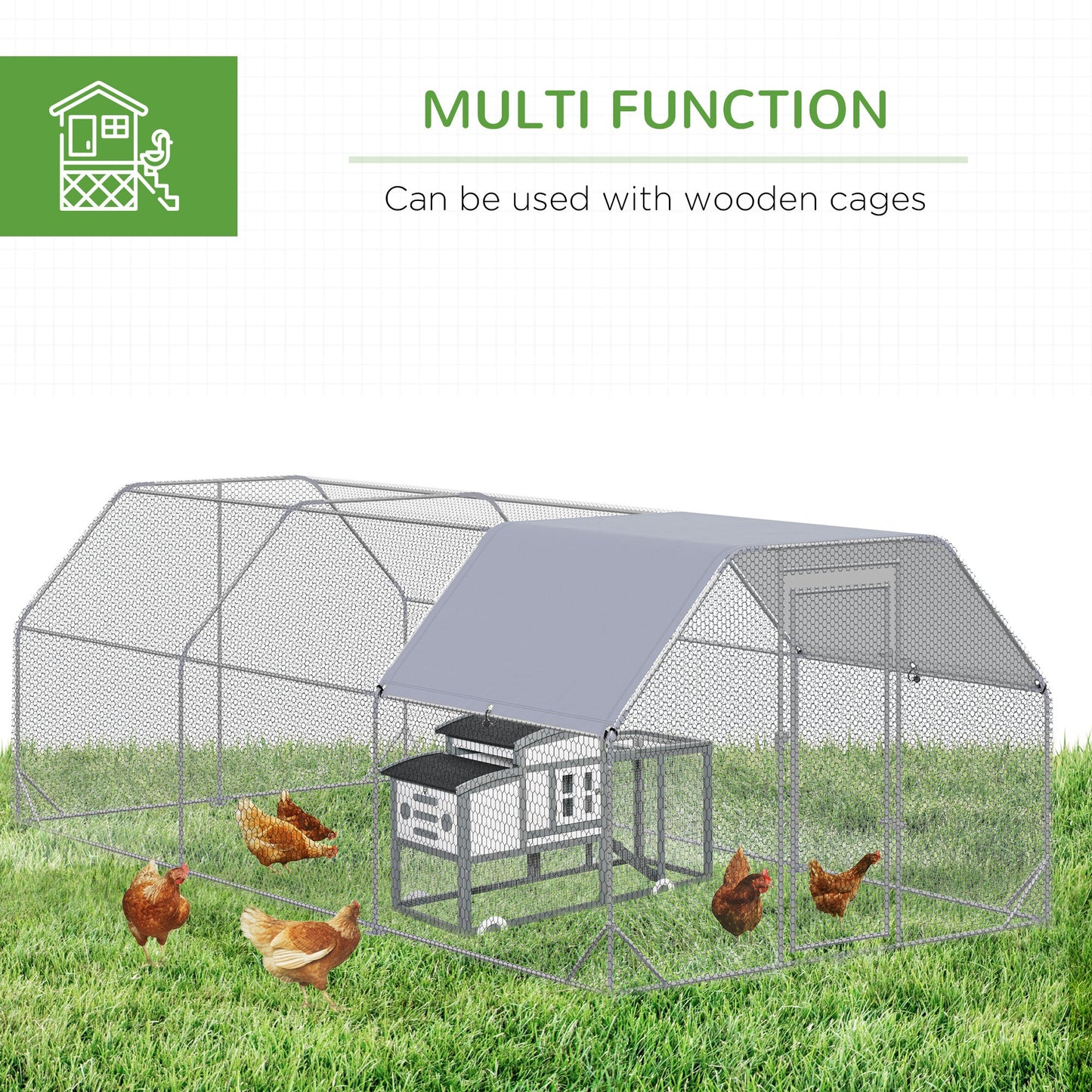 Chicken Run, Galvanized Large Metal Chicken Coop Cage, Walk-in Enclosure Poultry Hen Run House Playpen Rabbit Hutch with Flat Roof, Cover, for Outdoor Backyard, 9.2' x 18.7' x 6.5', Silver